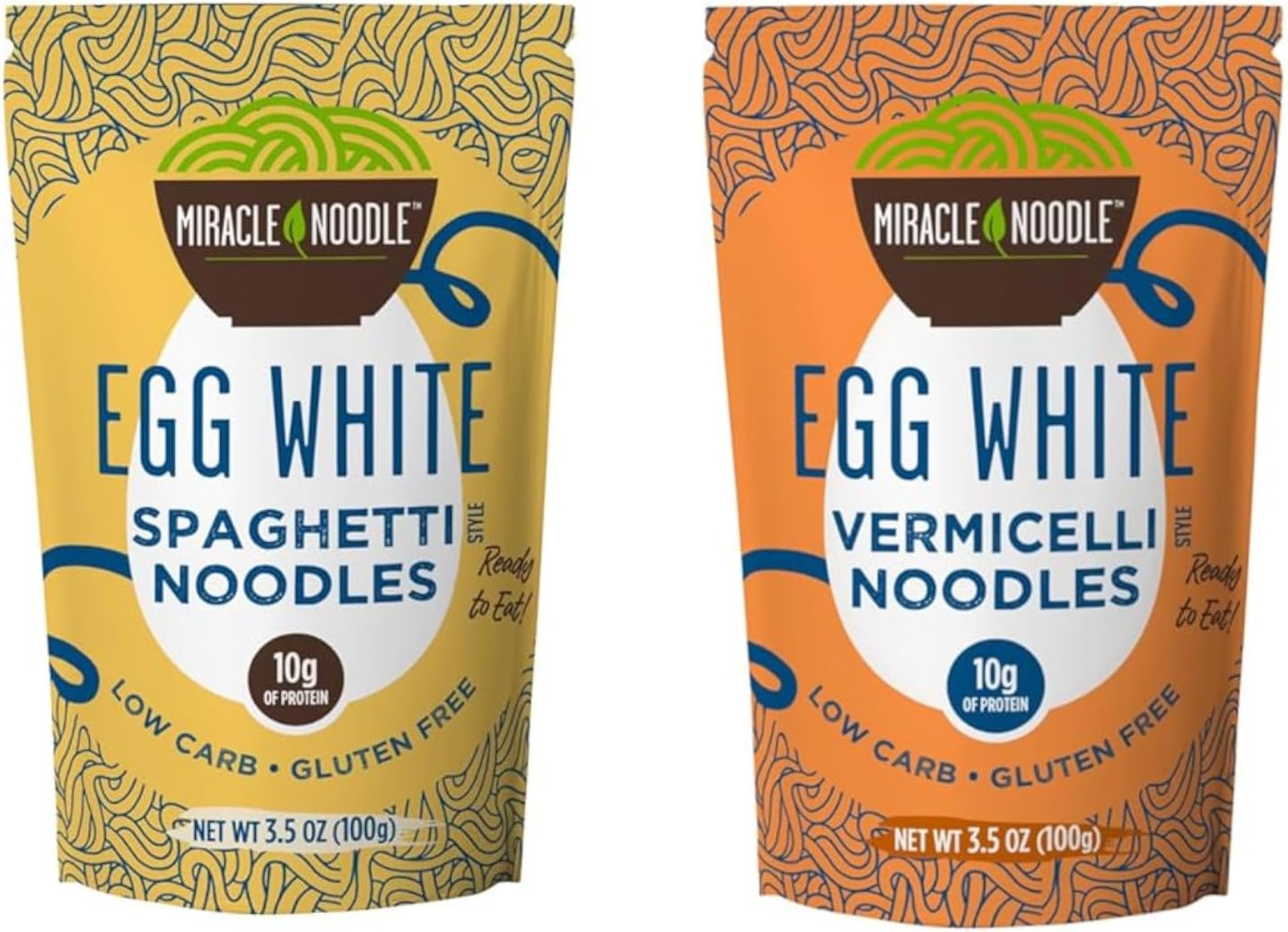 Miracle Noodle Egg White Pasta Variety Pack, 3.5 Oz (Pack of 6), Spaghetti, Vermicelli Angel Hair, Ready to Eat Egg White Noodles, 10g Protein, 45 Calories, 1g Net Carbs Per Serving, High Protein, Keto, Gluten-Free
