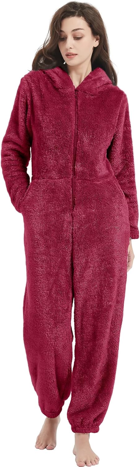 COZYPOIN Womens Fleece Onesies Pajamas Fuzzy Sherpa Adult Hooded One Piece Onesie Winter Romper Flannel Loungewear Sleepwear - Image 7