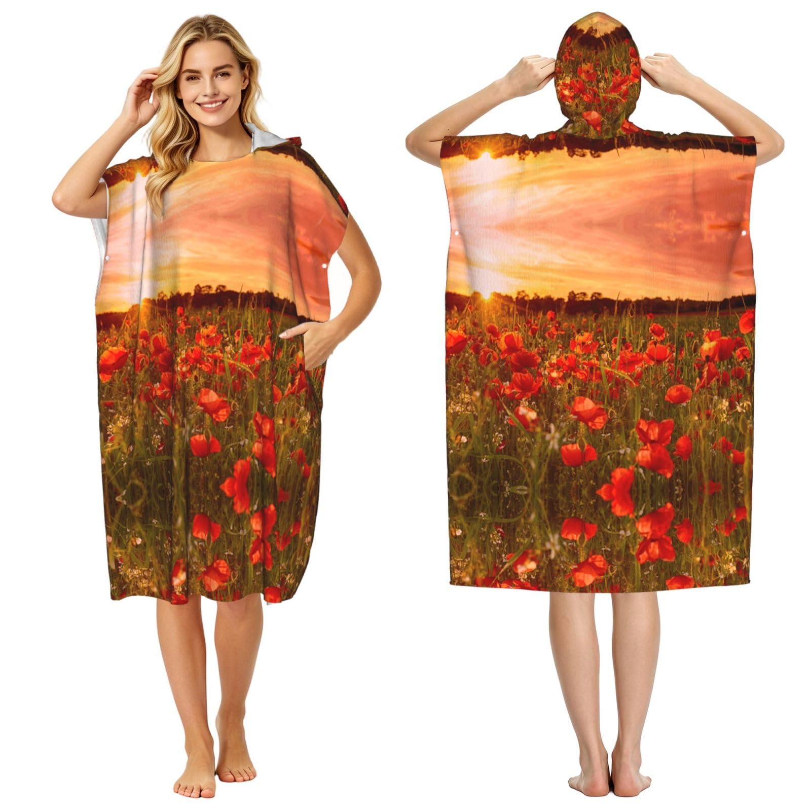 EZDLOWVBA Sunset Flower Field Print Hooded Poncho Microfiber Beach Towel,Adult Women & Men Changing Robe,Lightweight Summer Surf Swim Bath Poncho Towel
