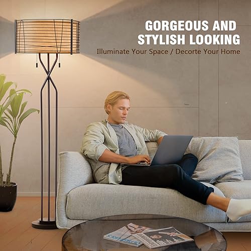 Miniatura 5 de Lámparas de pie para sala de estar con pantalla de doble tambor lámpara de pie industrial de granja 65 pulgadas de alto tela de arpillera de hierro