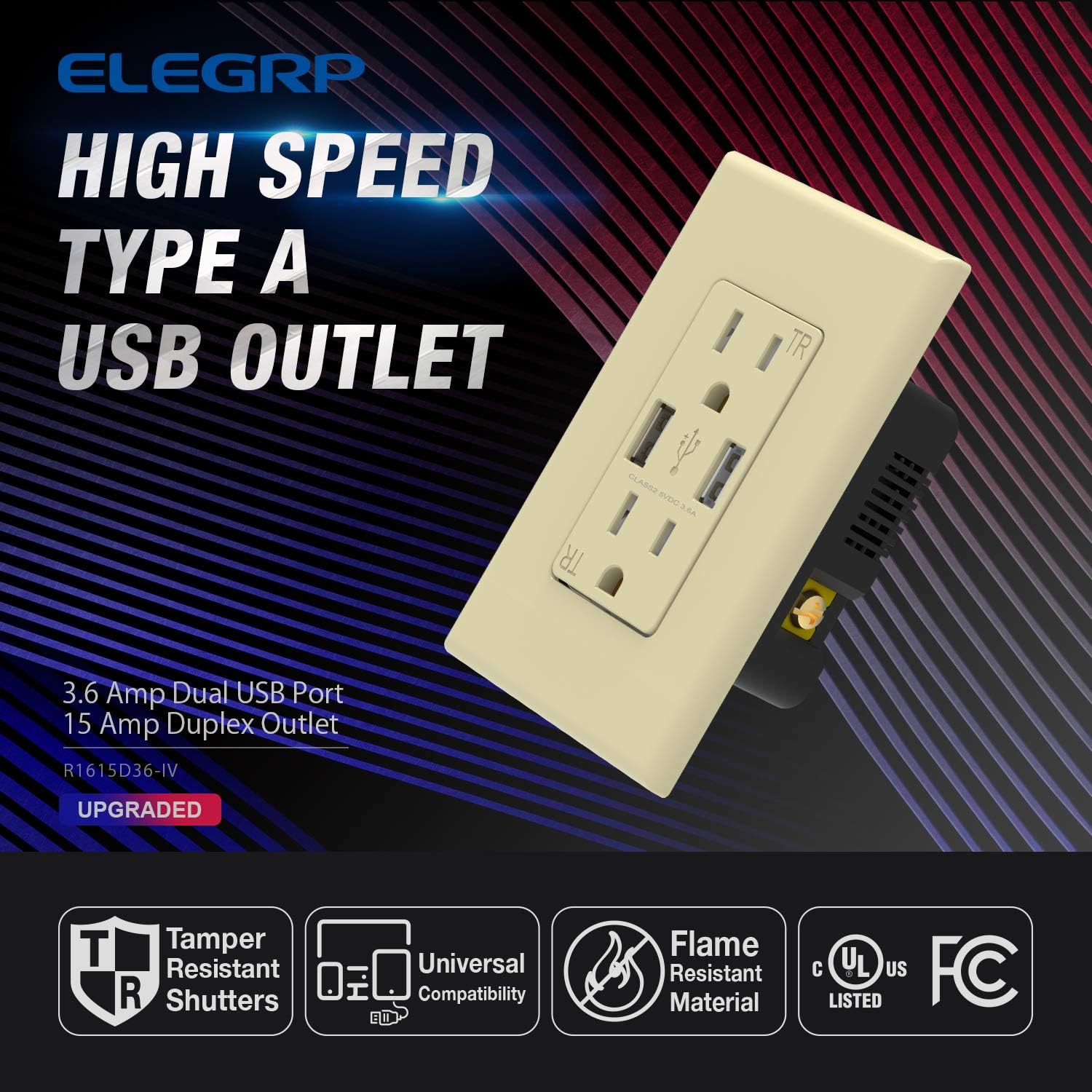 Crazy Clearance Glossy Ivory ELEGRP USB Charger Wall Outlet, Dual High Speed 3.6 Amp USB Ports, 15 Amp Duplex Tamper Resistant Receptacle Plug NEMA 5-15R, Wall Plate Included, UL Listed (6 Pack)