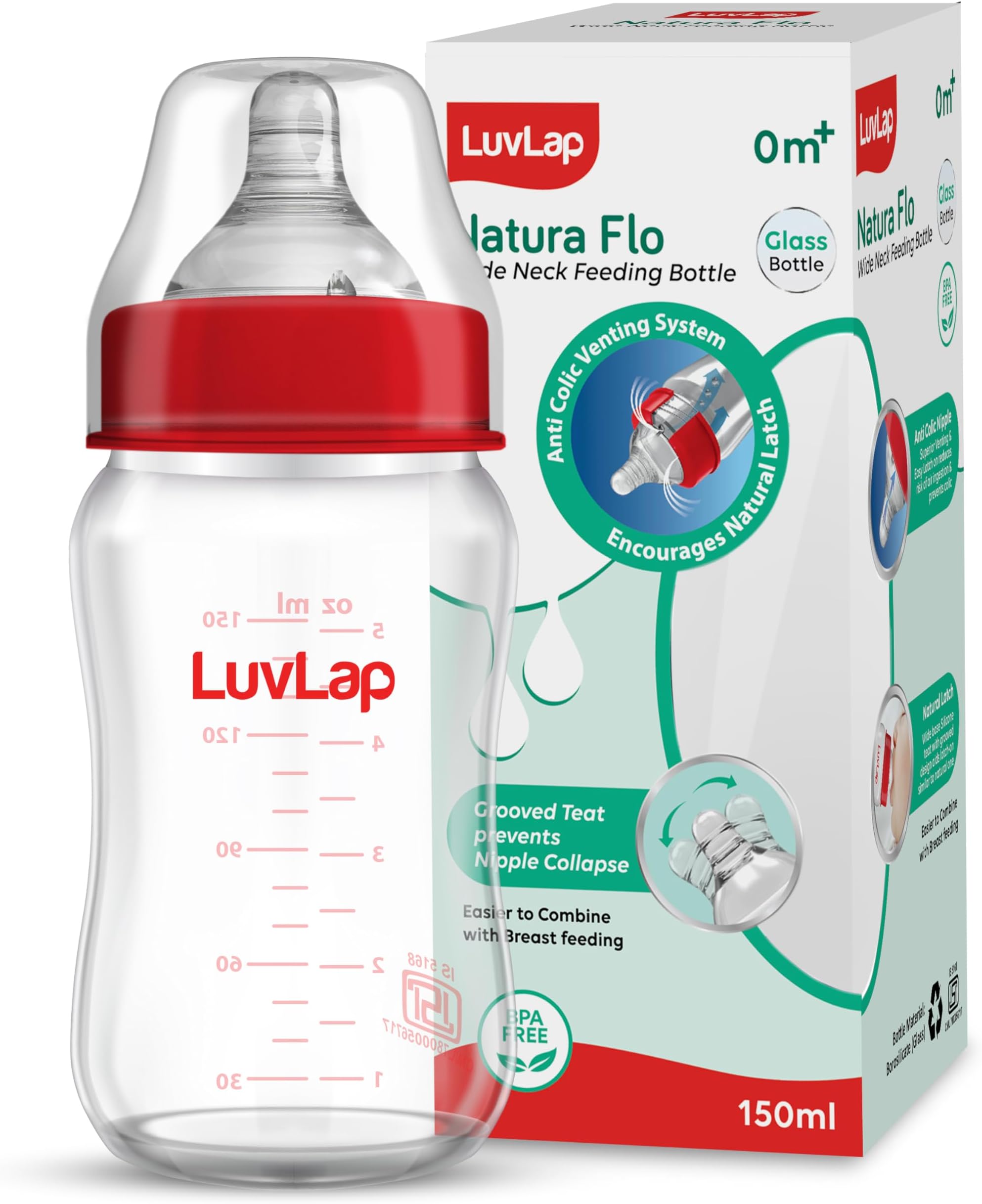 Natura Flo Wide Neck Glass Feeding Bottle, New Born/Infants/Toddler Upto 3 Years, BPA Free, Ergonomic Shape is Easy to Hold, with Anti Colic Nipple, 150ml