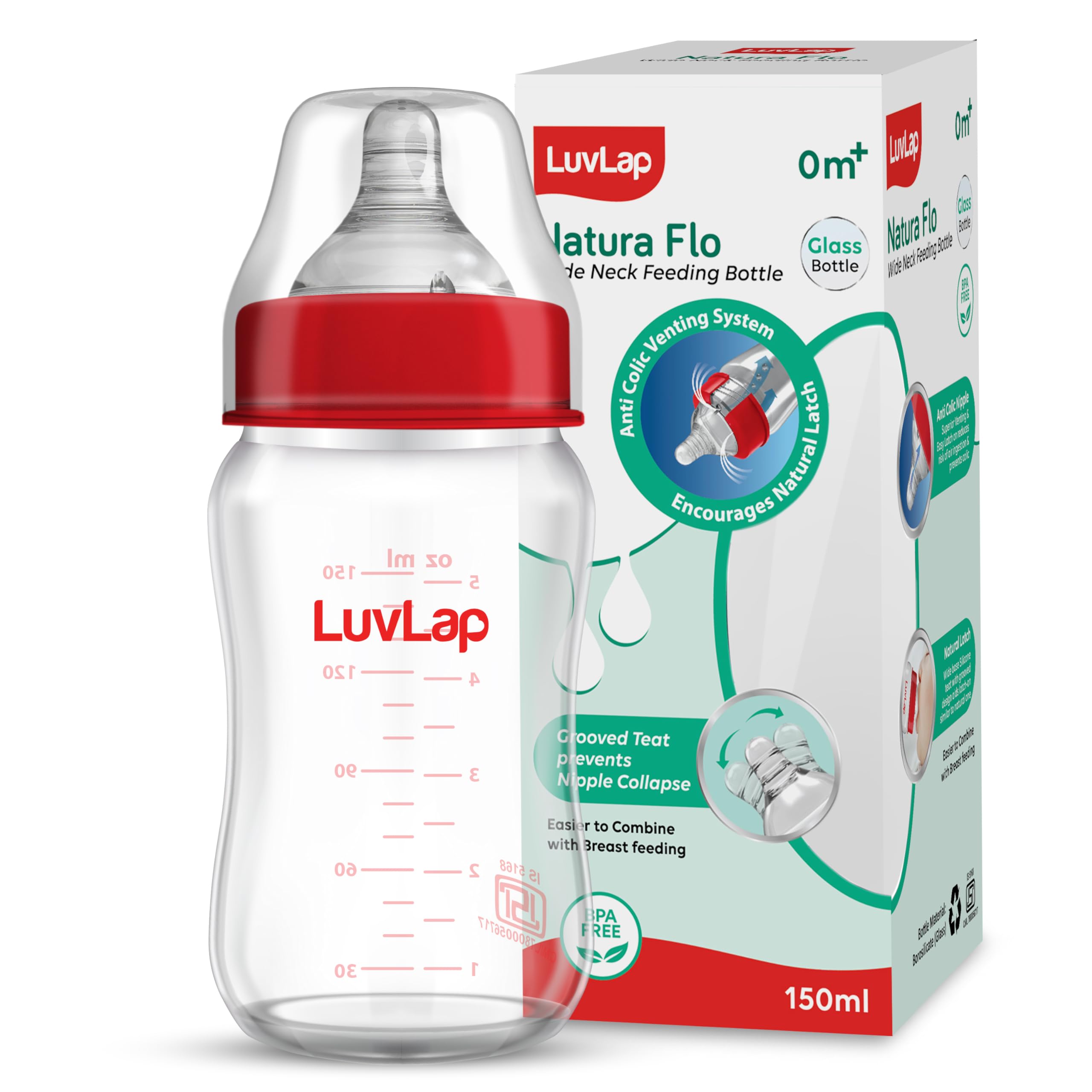 LuvLap Natura Flo Wide Neck Glass Feeding Bottle, New Born/Infants/Toddler Upto 3 Years, BPA Free, Ergonomic Shape is Easy to Hold, with Anti Colic Nipple, 150ml