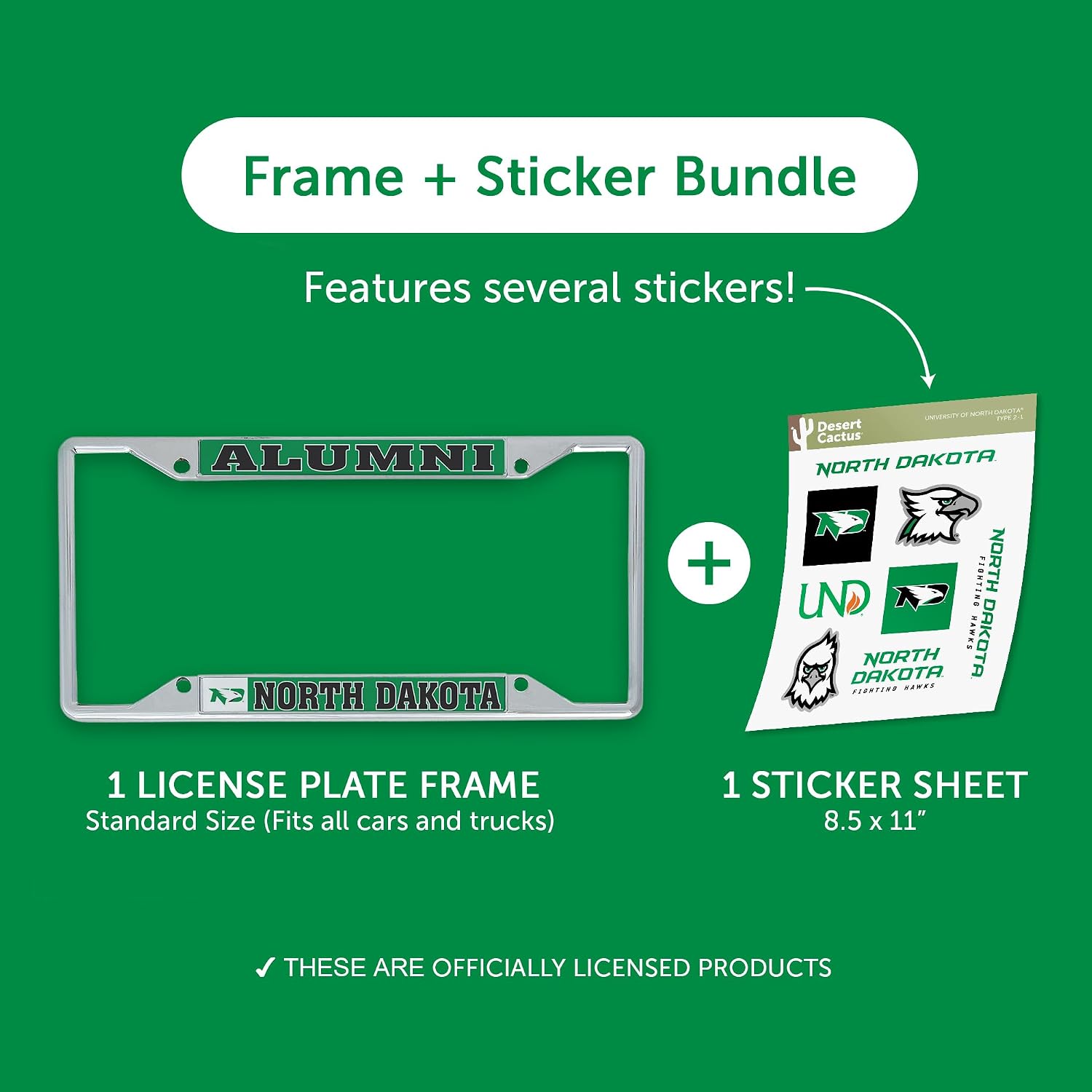 Desert Cactus University of North Dakota License Plate Frame and Stickers Bundle Gift Set Fighting Hawks UND Decals image 2