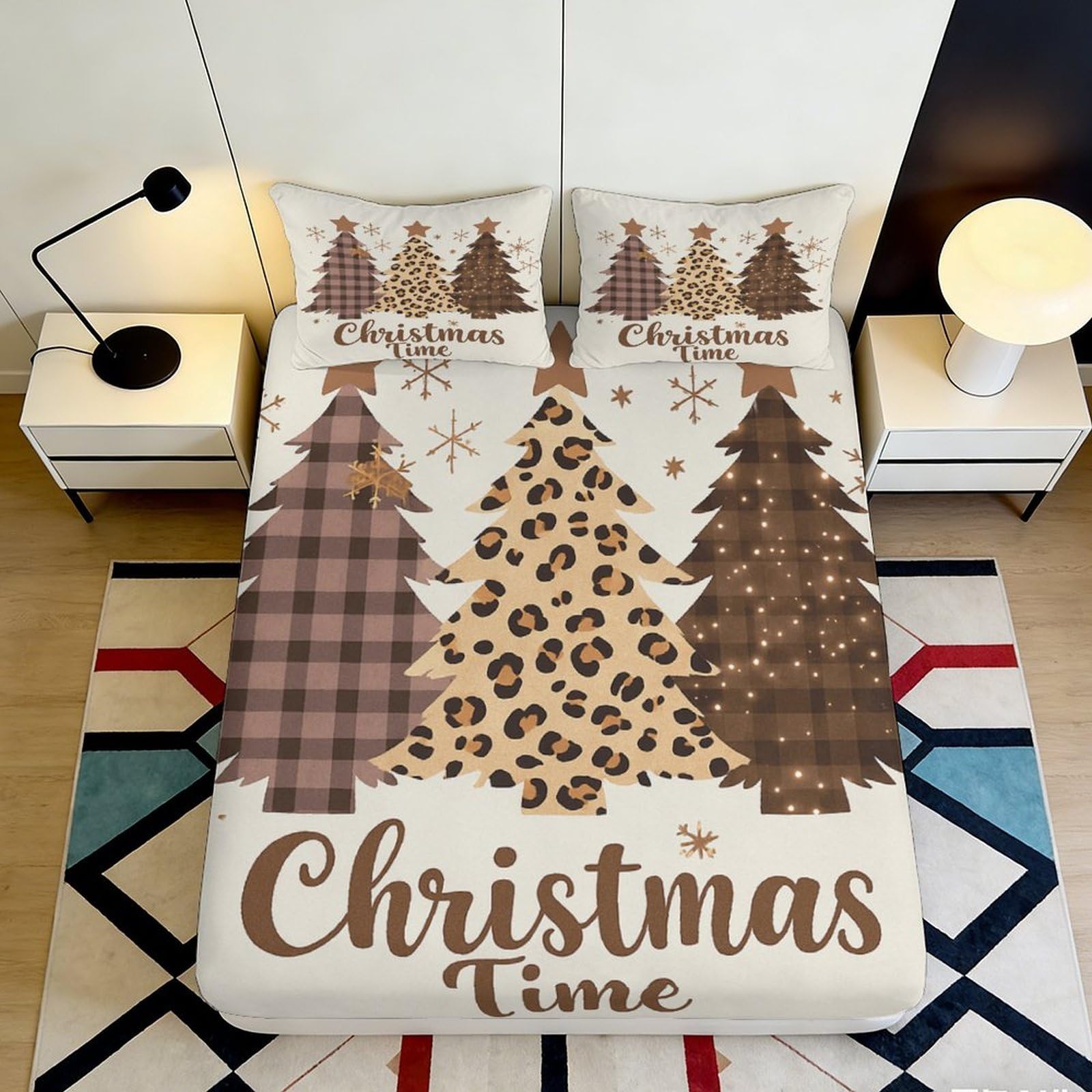Pnayamiorkfel Style-5 3D Printed Brown Plaid Christmas Tree Fitted Sheet Microfiber Soft Anti-Slip Leopard Bed Cover For Bedroom Guest Room Easy Care 90X200x25cm