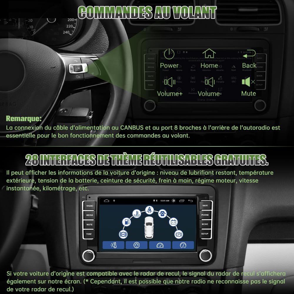 AWESAFE Autoradio Android pour Golf 5 6 VW Passat Polo Seat Skoda, 7 “ HD écran Tactile, intégré Bluetooth carplay Android Auto FM,RDS,GPS,WiFi avec Camera de recul[2Go+64Go]