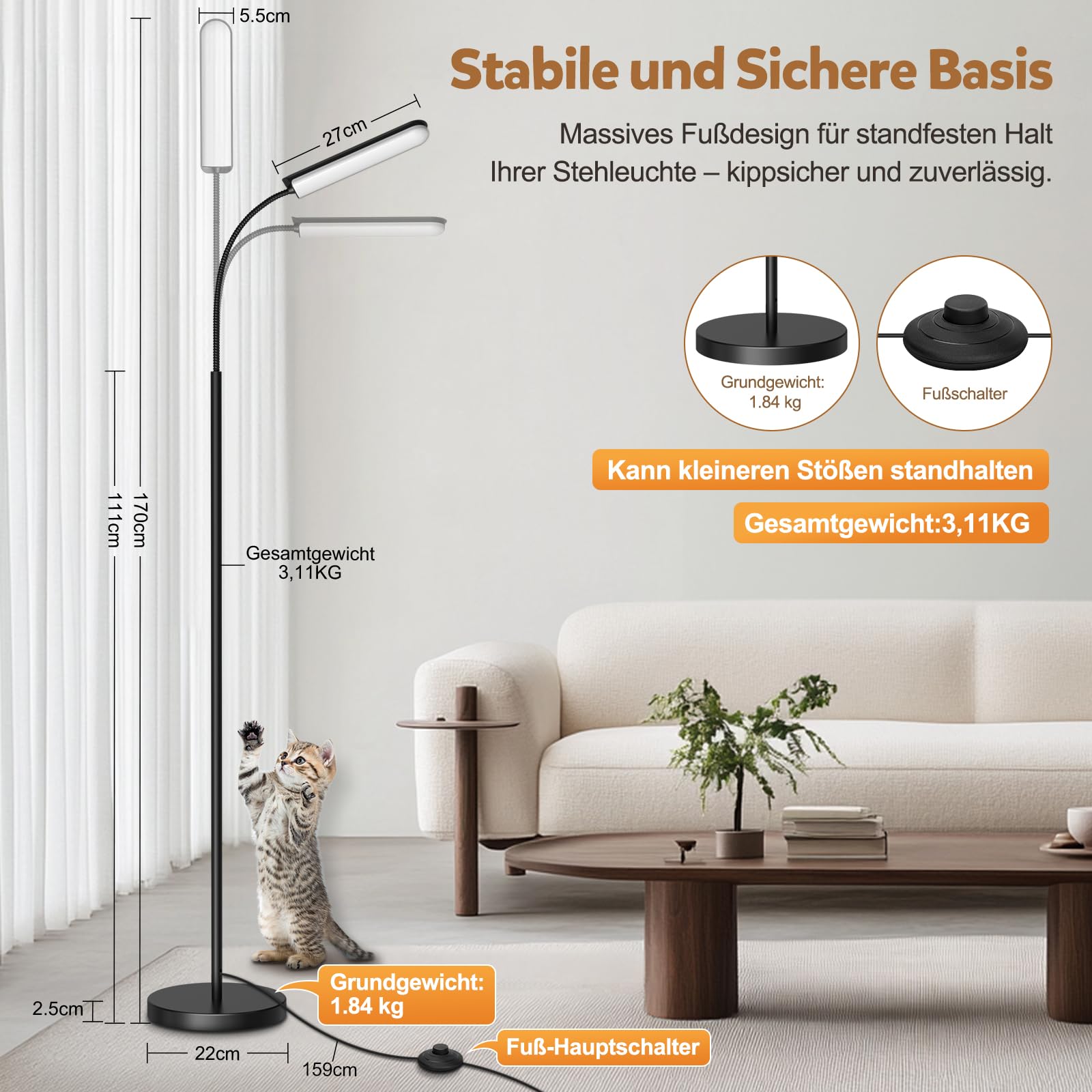 LED Stehlampe Dimmbar 18W 1650LM Schwarz,Standleuchte Wohnzimmer mit 360° Schwanenhals & Unendlich Dimmer (3000K-6500K),Leselampe Fernbedienung (Retro)