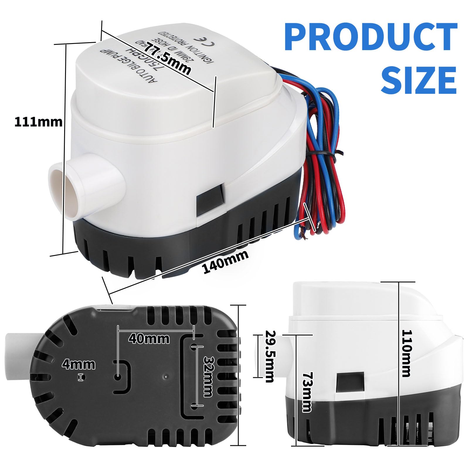 DBREAKS Pompe de Cale Automatique, 12V Pompe Automatique de Ponton pour Bateau, 1100GPH/ 70LPM Pompes de Cale avec Interrupteur à Flotteur, Pompe à Eau Liquide Automatique pour Bateaux Piscines(Noir)