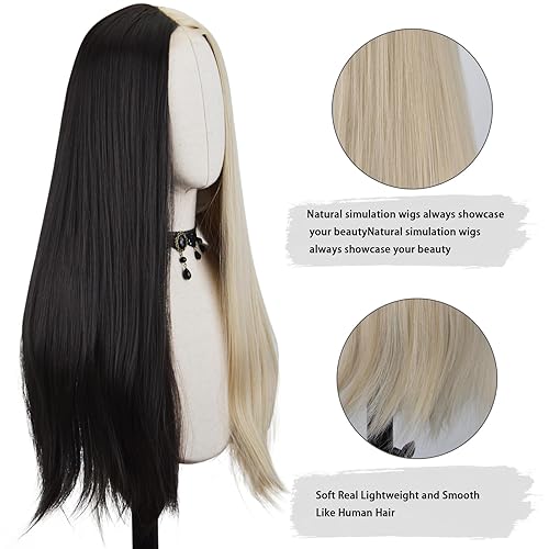 Miniatura 9 de FREE BEAUTY Peluca larga ondulada negra para mujer, peluca de raya en medio con pieza pequeña, peluca rizada ondulada de aspecto natural, peluca de