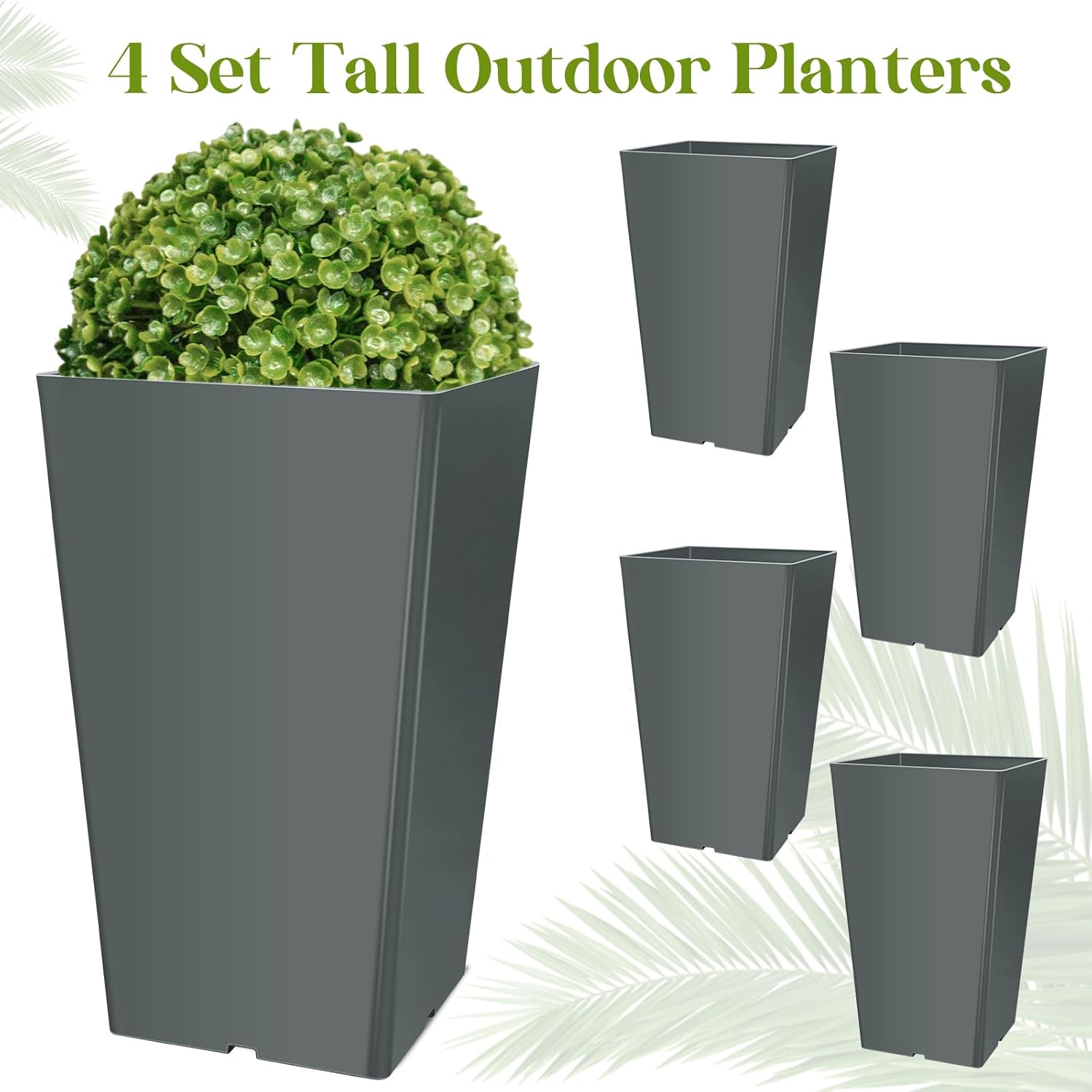 Yungyan Set of 4 Tall Outdoor Planters 20 Inches Tall Front Porch Planters Heavy Duty Flower Pot No Baskets Self Watering for Outdoor & Indoor (Grey)
