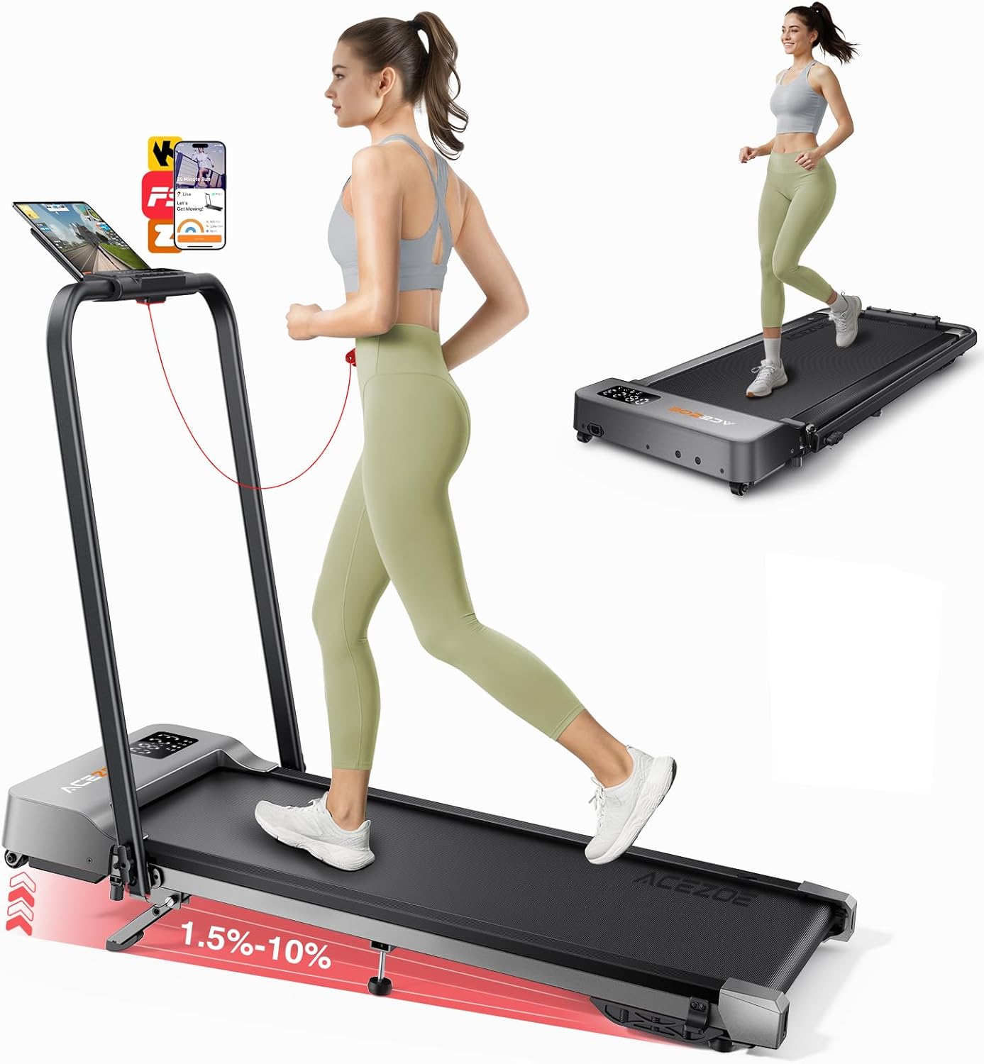 Acezoe Walking Pad with 3-Level 10% Incline, Foldable Treadmill for Home Small Office, Compact Portable Under Desk Treadmill with Handle,Dual LED Display, APP & Remote, 300 lbs Capacity
