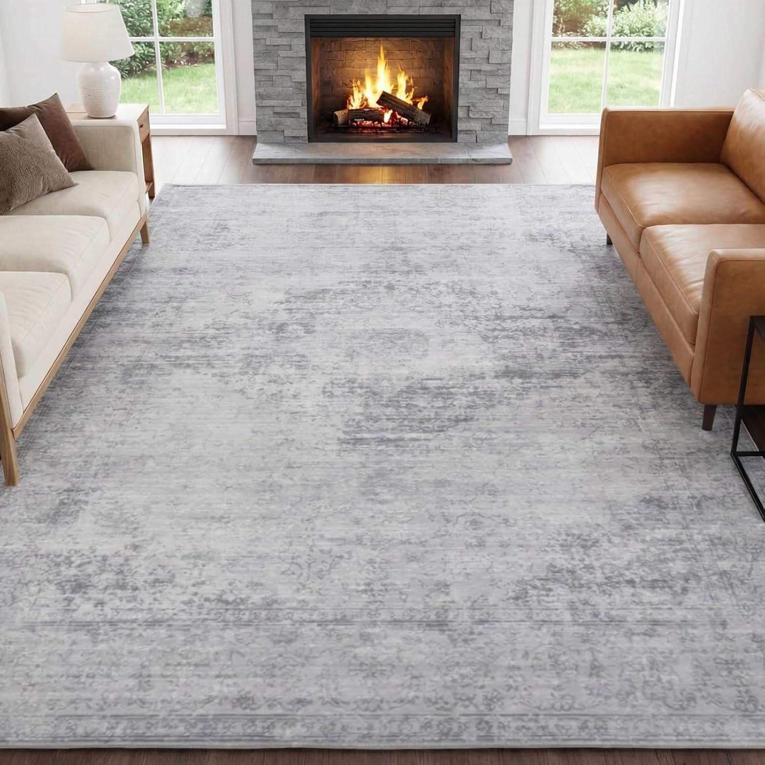 Washable Rugs 8x10 Area Rugs for Living Room, Large Modern Neutral Rugs for Bedroom, Soft Vintage Dining Room Rug, Low Pile Non Slip, Boho Print Grey Carpet for Nursery Playroom Home Office-Gray8'x10'