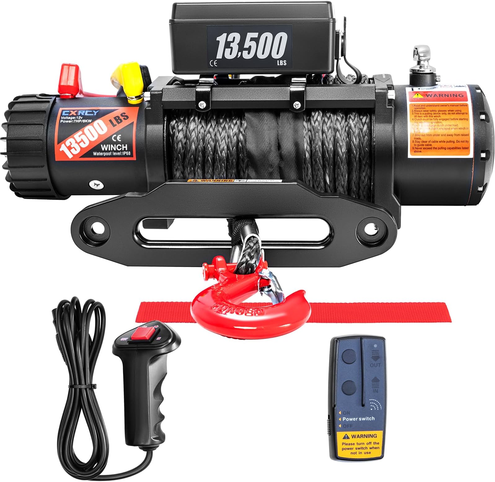 CXRCY 12V Electric Winch,13500LBS Load Capacity Synthetic Rope Towing Winches for Jeep Truck SUV,with Wired Handle and Wireless Remote
