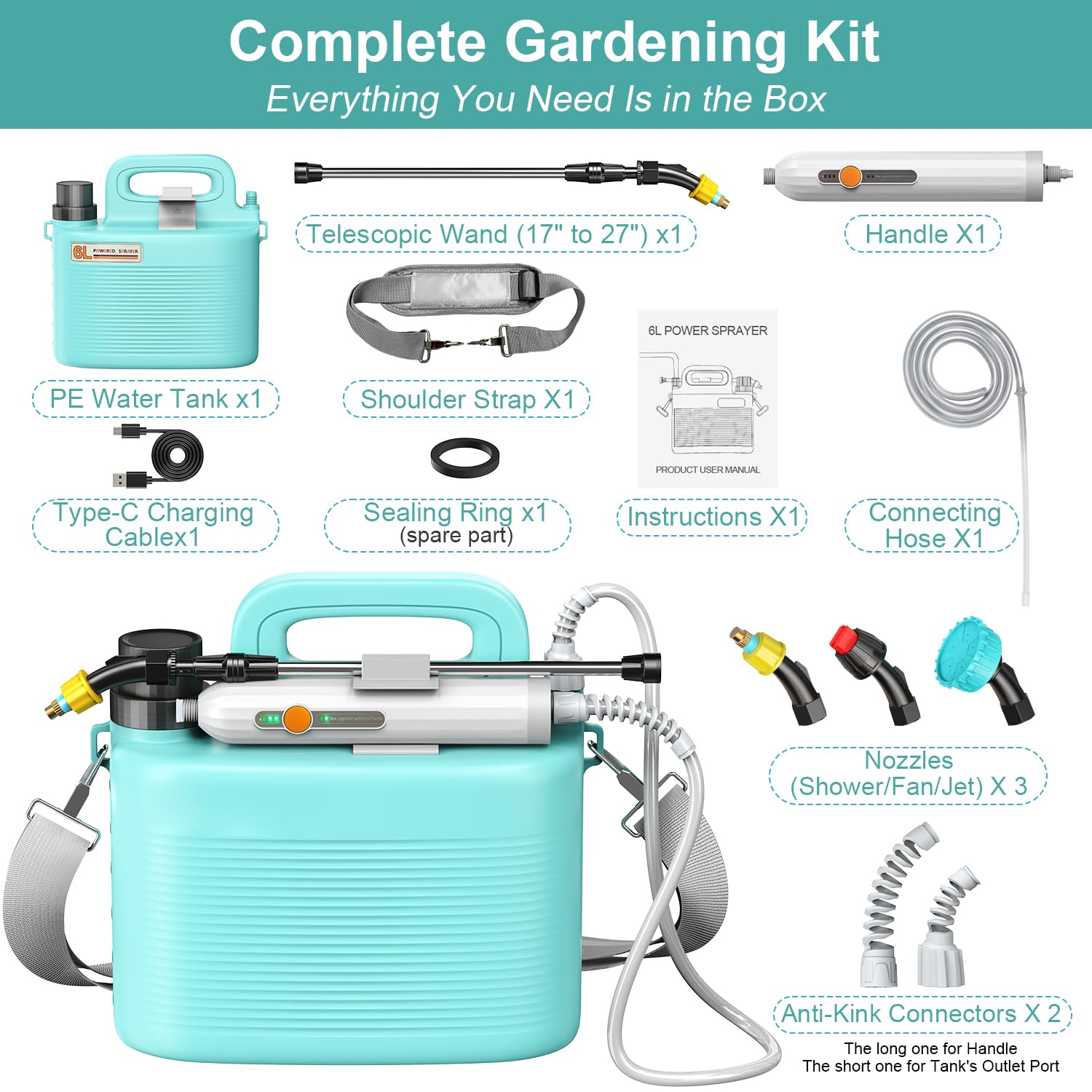 Spruzzatore da giardino alimentato a batteria, spruzzatore elettrico leggero per erbacce con bacchetta telescopica e ugelli regolabili, spruzzatore portatile per irrigazione delle piante, cura del