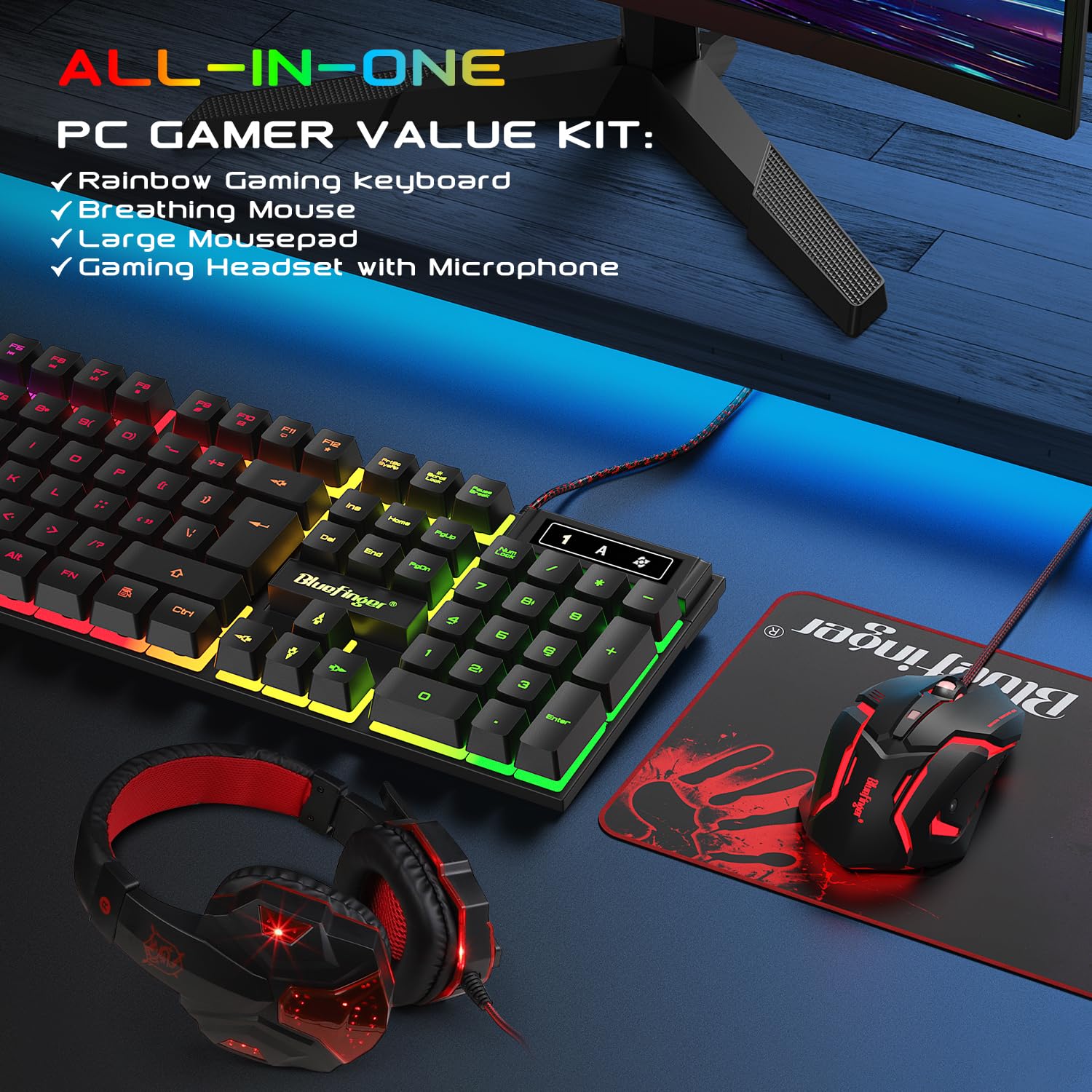 Teclado RGB para juegos y teclado retroiluminado y auriculares, teclado retroiluminado BlueFinger USB con cable retroiluminado, juego de ratón LED para juegos, auriculares con micrófono para