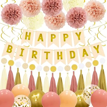 Boho Happy Birthday Decorations - Retro Blush Pink Birthday Decorations with Banner,Tissue Flower Pom,12in Balloons,Tassel Garland,Hanging Swirls Streamers for Neutral Themed Party Decor Women Girls