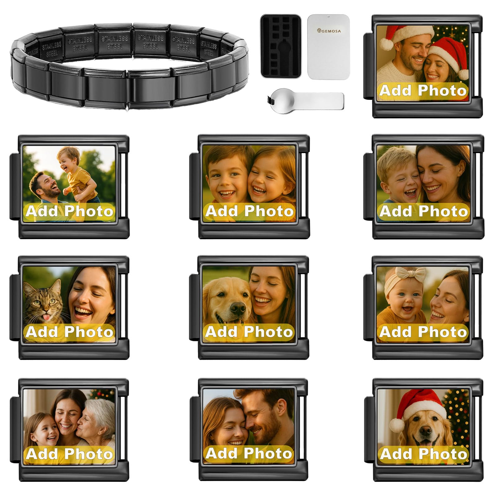 Custom Italian Charm Bracelet - 10 Personalized Charms, Stainless Steel, Silver, 6.75' Adjustable Link Bracelet with Tool - Moon, Star, Animals, Heart, Flowers & More