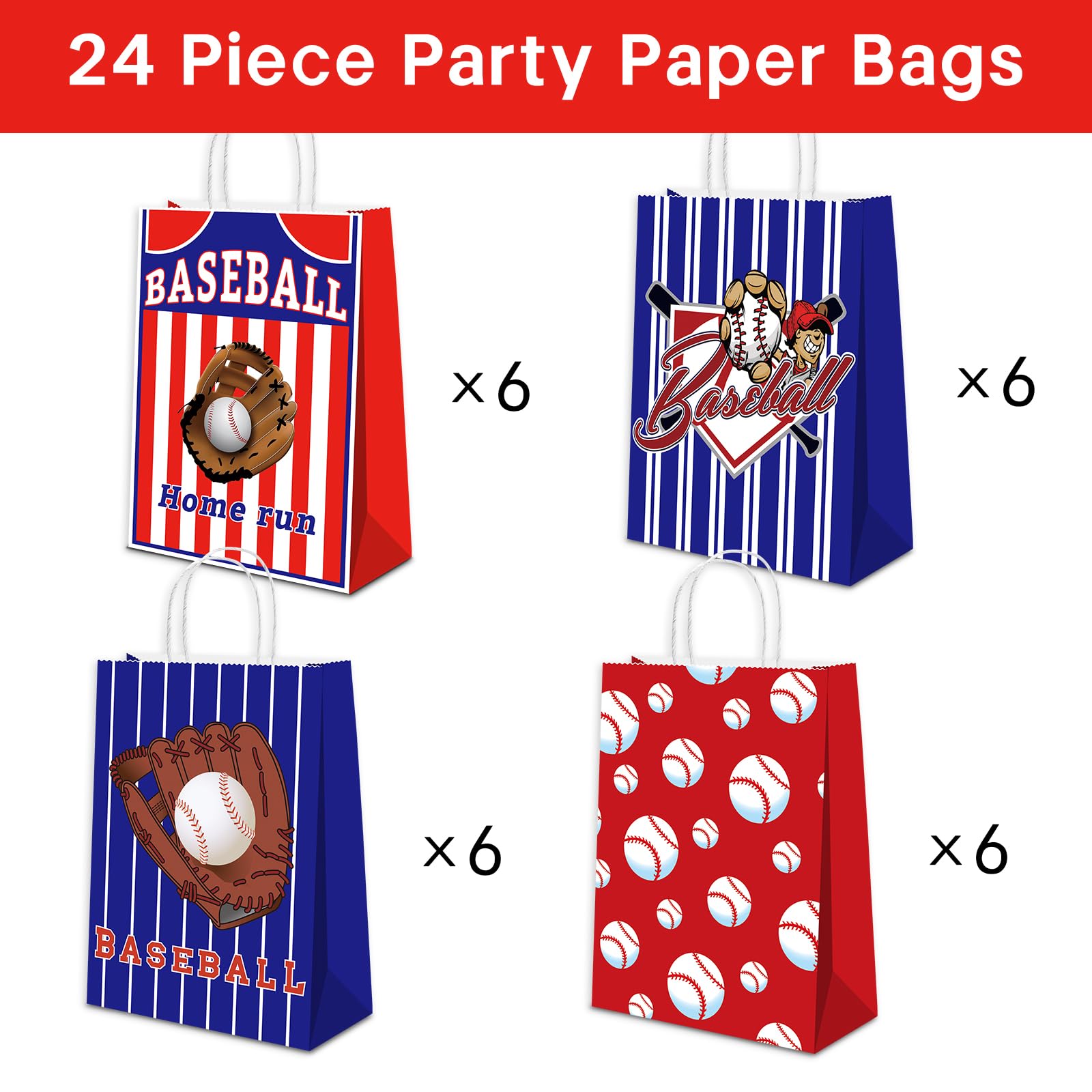 16-Pack Baseball Theme Gift Bags With Handles - Kraft Paper Party Favor Bags For Sports Birthday, Candy, Snacks