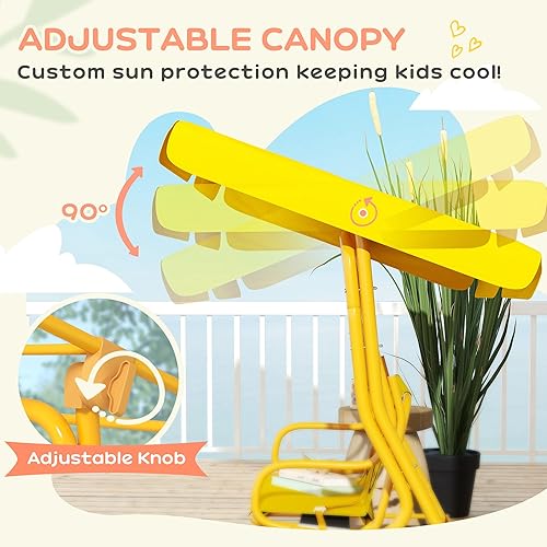 Miniatura 4 de Qaba Columpio de patio para niños, 2 plazas para porche al aire libre con toldo ajustable, cinturón de seguridad, banco colgante con patrón de león