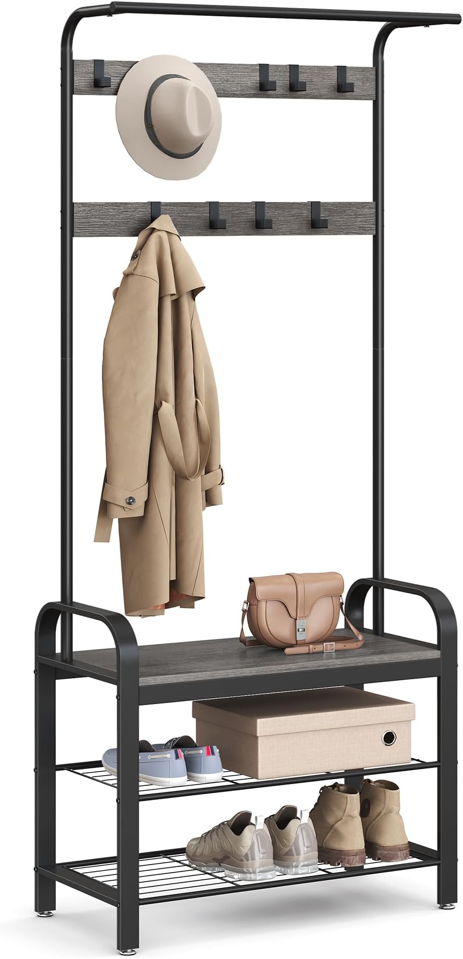 VASAGLECoat Rack, Shoe Bench, Hall Tree with Storage Shelf for Entryway, Industrial Accent Furniture with Steel Frame, 3-in-1 Design, Easy Assembly, Charcoal Gray and Black UHSR040B04