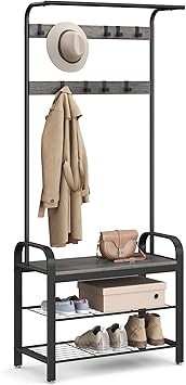 VASAGLE Coat Rack, Hall Tree with Shoe Bench for Entryway, Entryway Bench with Coat Rack, 4-in-1, with 9 Removable Hooks, a Hanging Rod, 13.3 x 28.3 x 72.1 Inches, Charcoal Gray and Black UHSR040B04