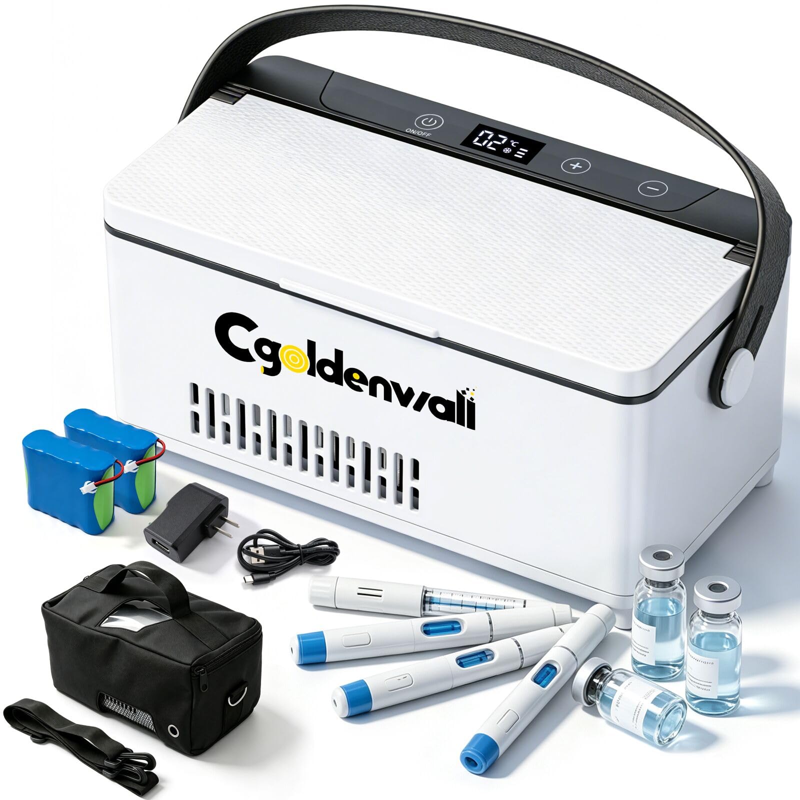 CGOLDENWALL Insulin Kühlbox Elektrisch, 0-18℃ Einstellbar, 2 Akkus (12-14h) | USB-C, 3 Stromquellen, Kompakt & Tragbar, für 3–5 Stifte, TSA-Geprüft, für Zuhause, Tägliches Pendeln, Reisen und Flüge