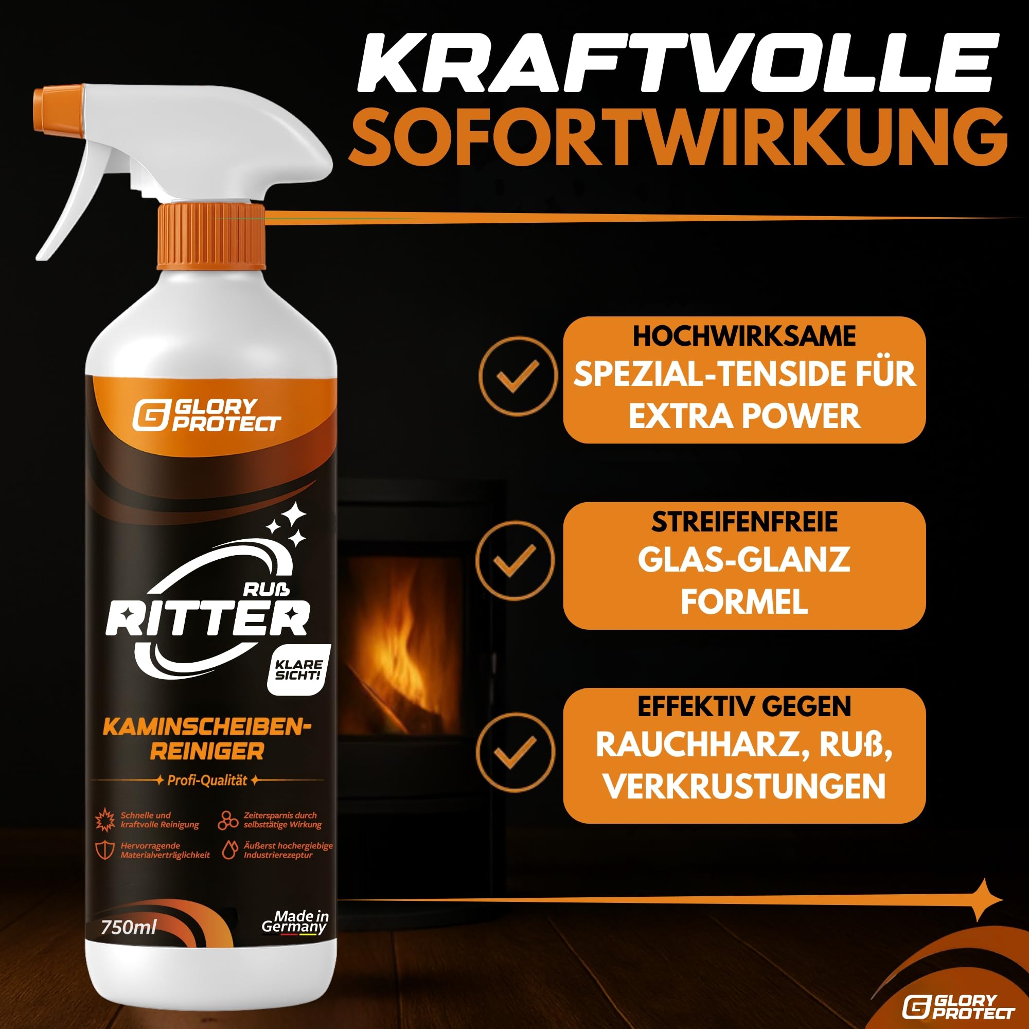Kaminscheibenreiniger Klare Sicht 750ml XXL Flasche | Entfernt Ruß | Starker Reiniger für Kaminglas & Ofenglas | Sofortwirkung bei verrußter Scheibe, löst Fette & Verschmutzung