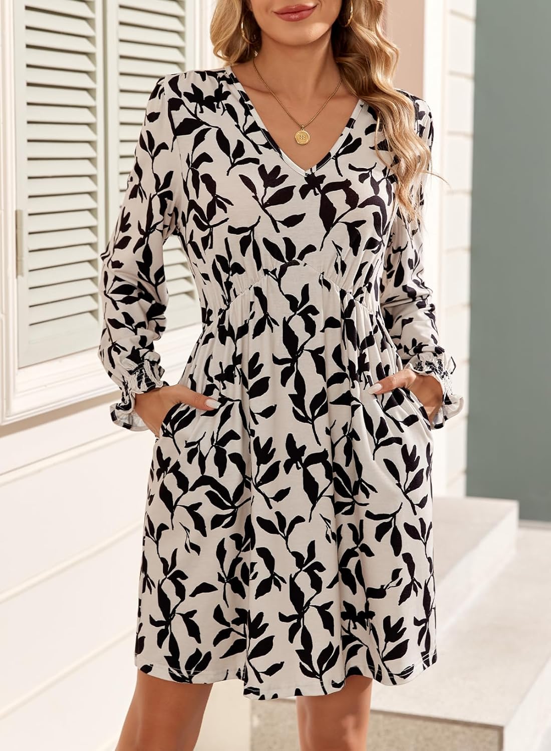 Dokotoo Fall Dresses for Women 2025 Casual V Neck Lantern Long Sleeve Floral Shirred High Waist A-Line Boho Dress - Image 4