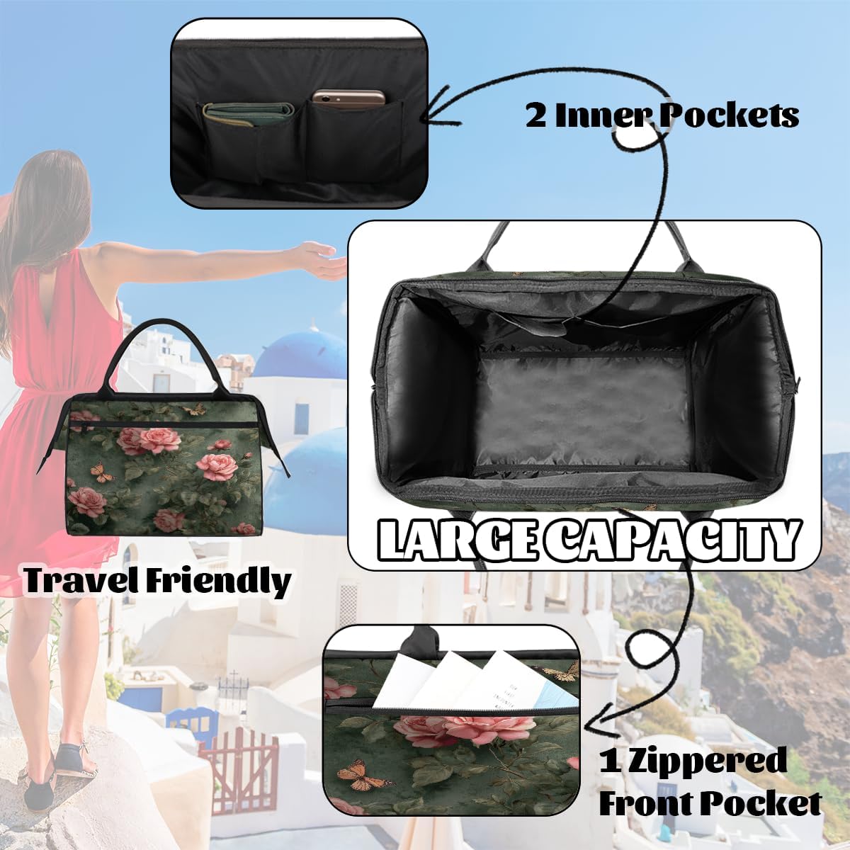 Large Travel Duffle Bag for Women Men,Waterproof Weekender Overnight Bag Carry on Tote Bags for Gym Sport Business Trip,Vintage Pink Rose Floral Duffel Bags