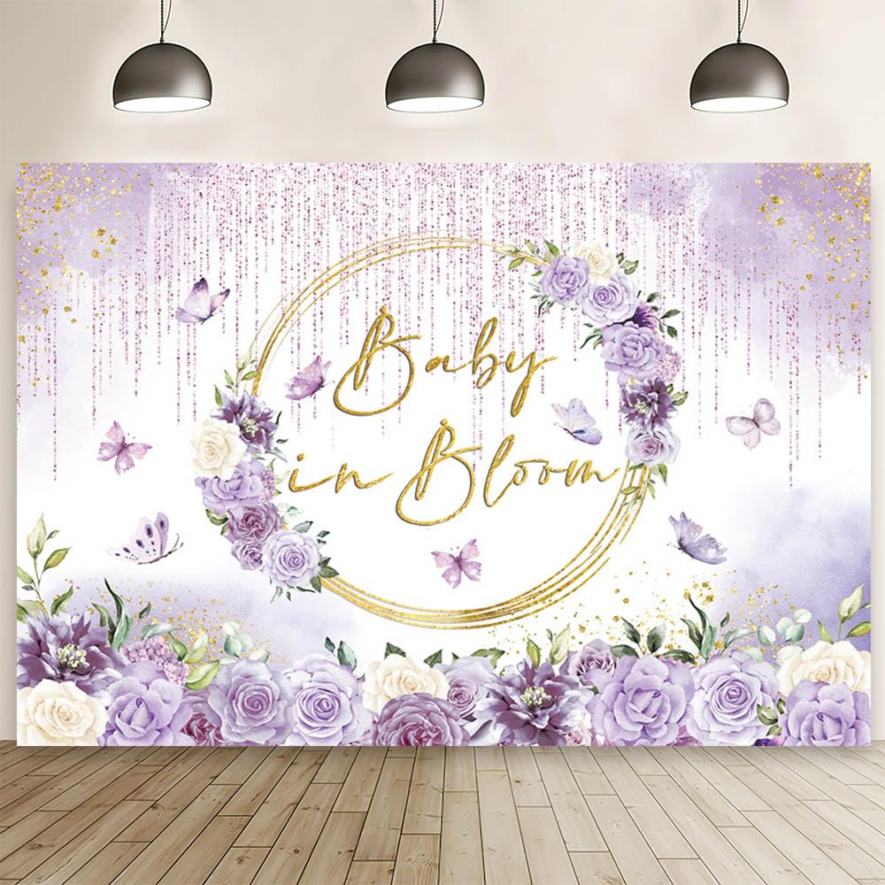 MEHOFOND Baby in Bloom Baby Shower Backdrop Purple Floral Butterfly Baby Shower Party Decorations Baby Girl's Watercolor Floral Glitter Drops