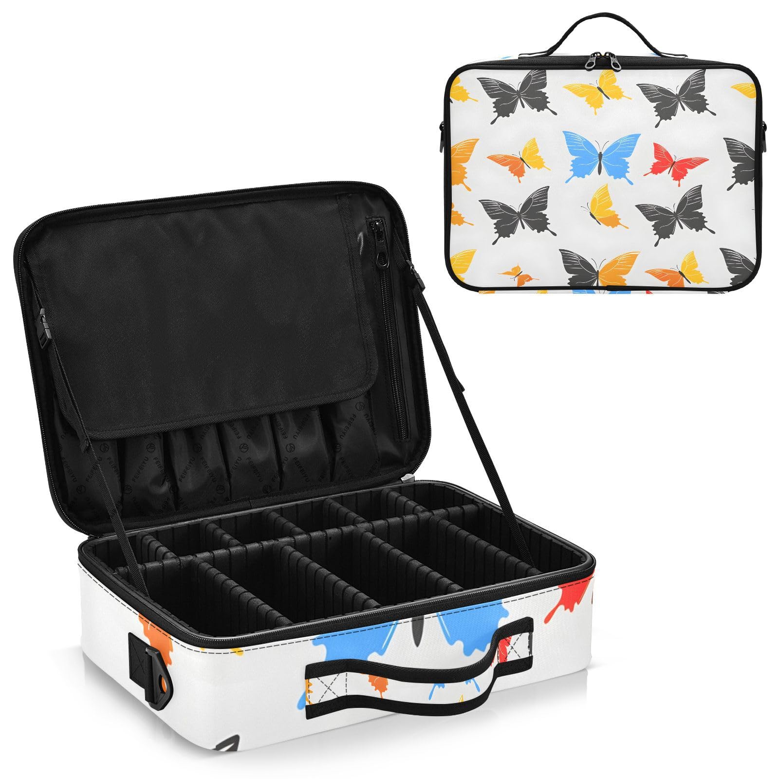 zyrtty Travel Makeup Train Case Multicolor Butterflies on Gray Pattern Cosmetic Organizer Portable Storage Bag with Adjustable Dividers for Cosmetics Brushes Toiletry Jewelry Digital Accessories