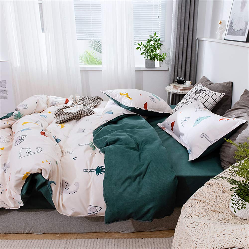 Odot Bettwäsche 180x220 cm 3 Teilig, Mikrofaser Bettwäsche-Set mit Reißverschluss + 2 Kissenbezüge 50x75 cm, Bettgarnitur Bettbezug Kinder mit Dinosaurier Cartoon Muster, Weiß Grün Küche, Haushalt & Wohnen