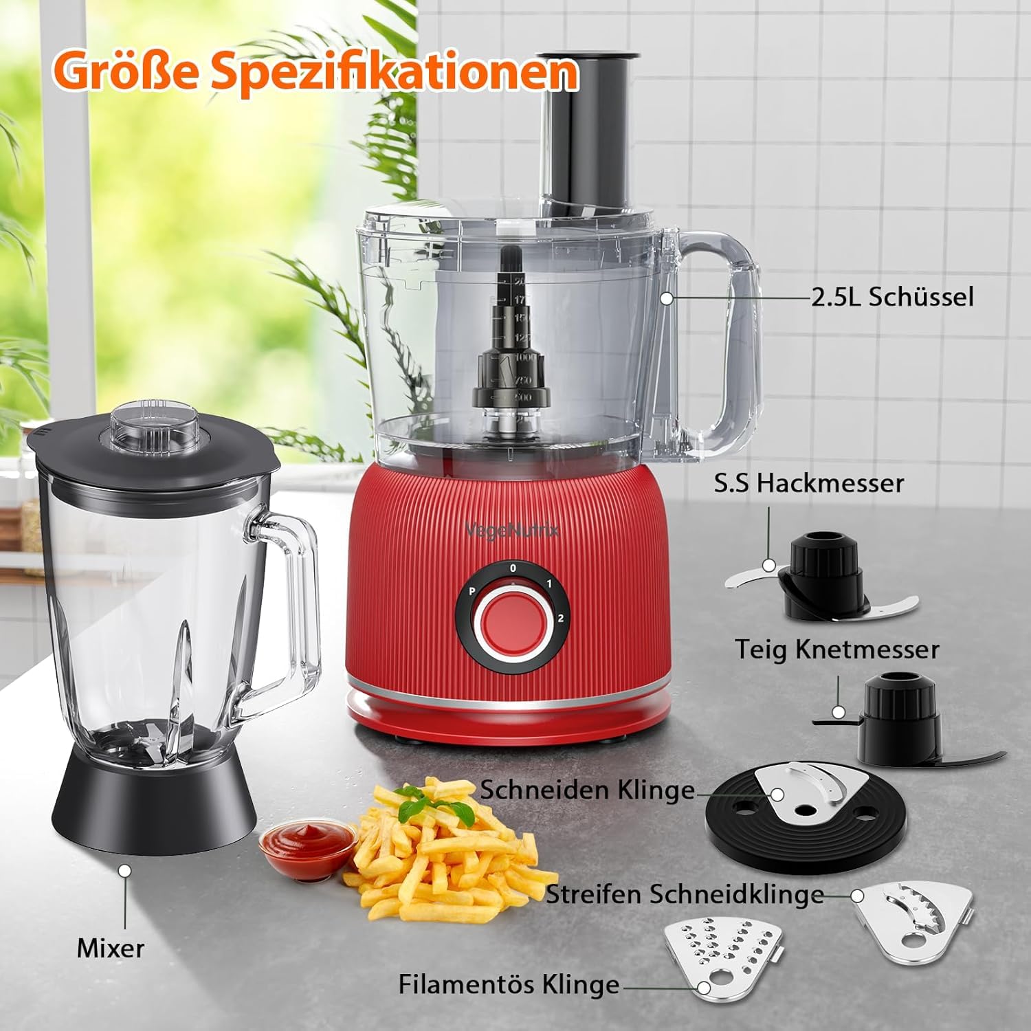 Robot de cuisine multifonction 1500 W, 11 fonctions, bol de 2,5 l et récipient de 1,5 l, mini hachoir, disque de coupe, presse-agrumes, hachoir à pétrissage