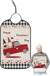 BOBOWUNY Valentine Truck Adult Bibs for Elder Women Men Eating, Vintage Black White Plaid Gnomes Love Heart Waterproof & Washable Bibs for Eating Clothing Protector Dining Bibs for Crumb Catcher