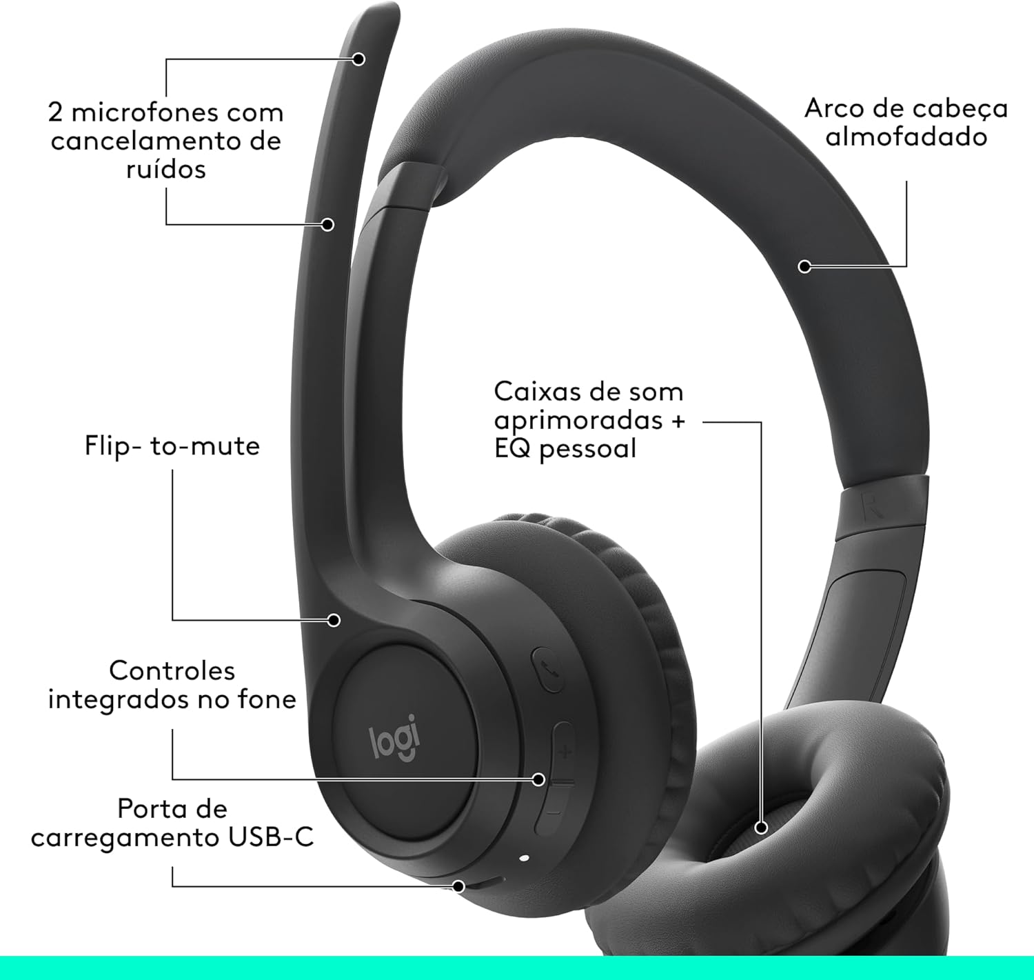 Headset Sem Fio Logitech Zone 300 Com Microfone Flip-to-Mute com Cancelamento de Ruído, Conexão Bluetooth, Bateria Recarregável via USB-C e Almofadas Confortáveis - Grafite