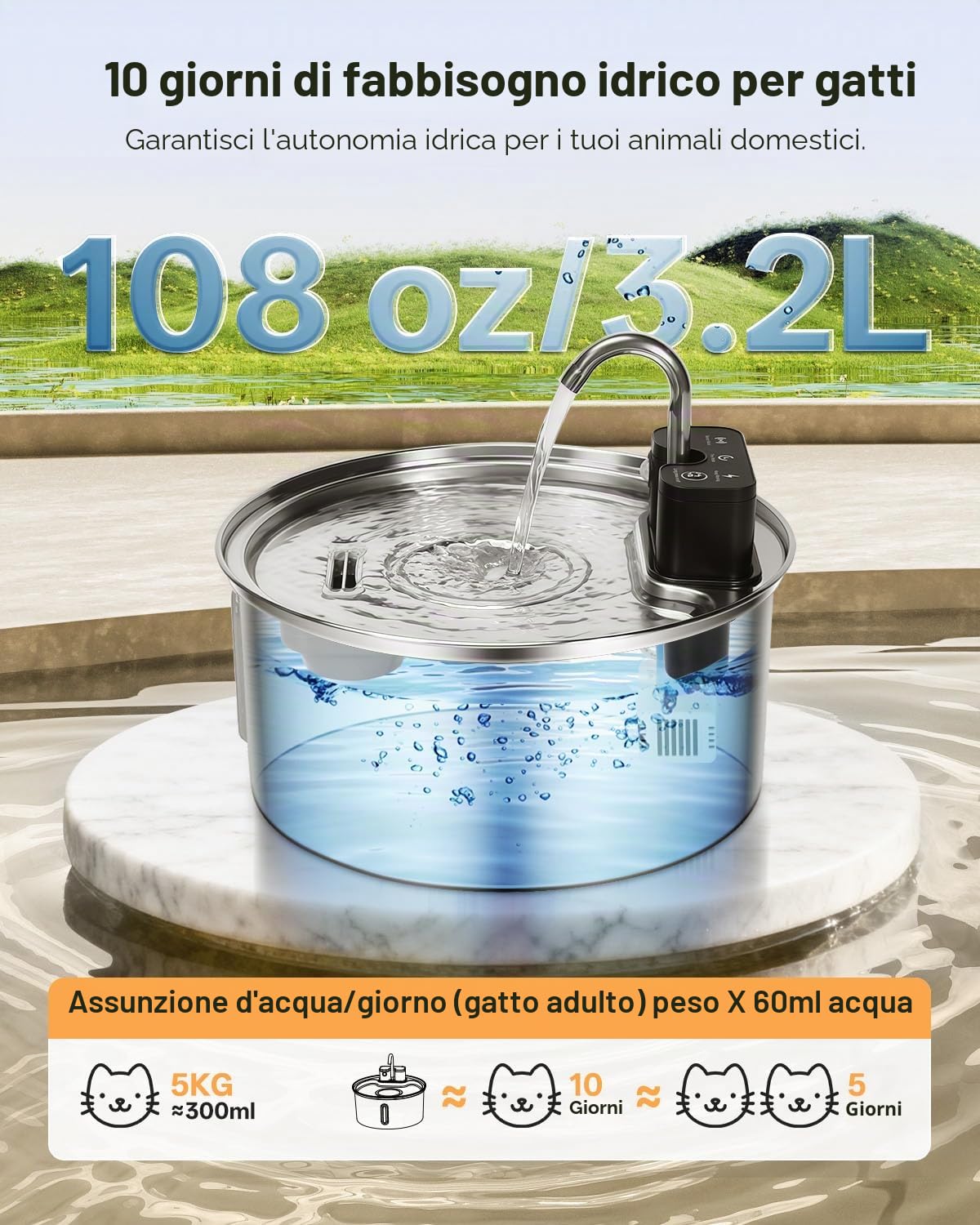 Fontanella per Gatti Senza Fili, Fontanella per Gatti in Acciaio Inox, Fontana per Gatti con Sensore di Movimento e 45 Giorni, Fontana per Gatti con Serbatoio Dell'acqua 3.2L- 3 Filtro+3 spugna