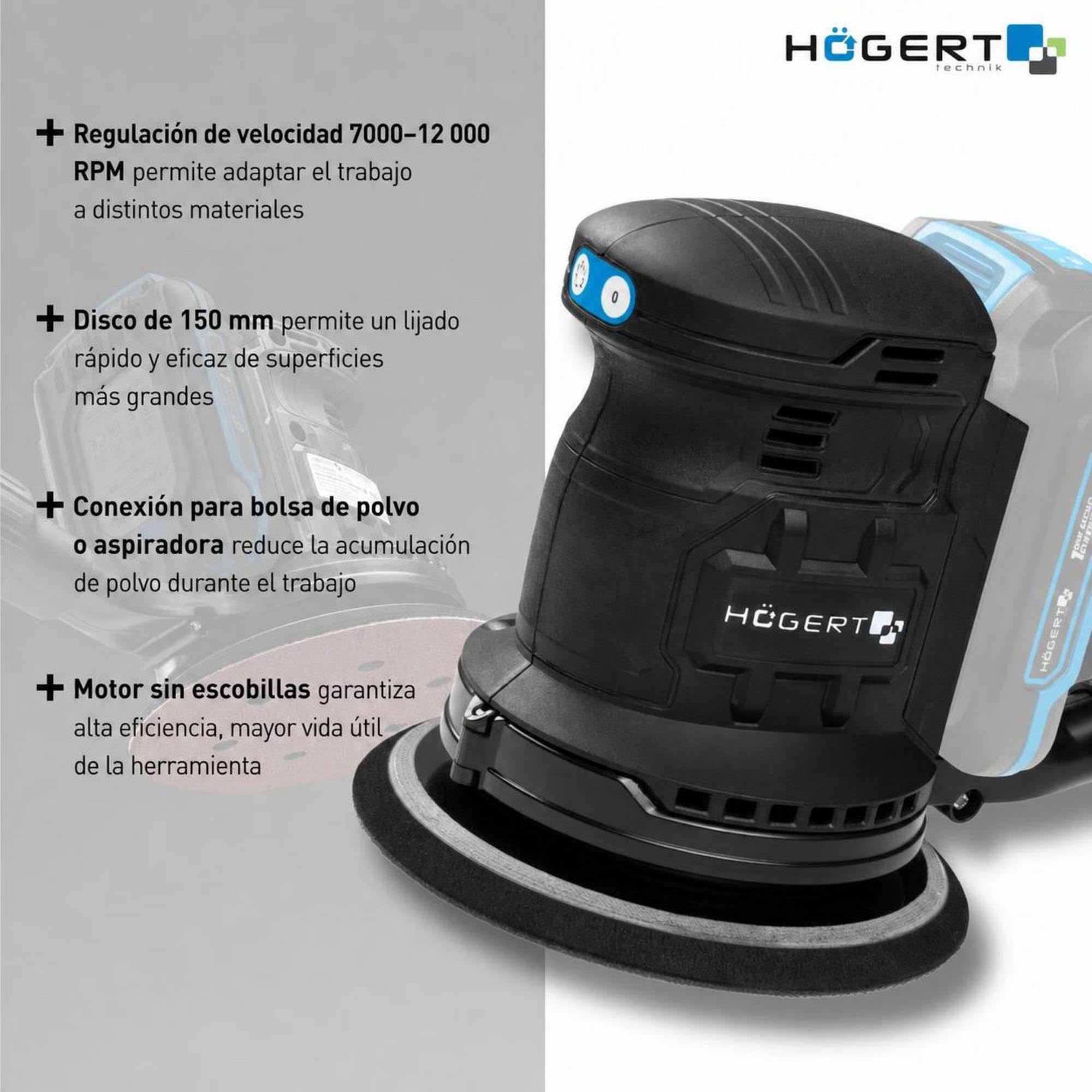 HÖGERT TECHNIK Levigatrice rotorbitale a batteria 150 mm 18V brushless, levigatrice per legno metallo plastica, levigatrice a batteria con regolazione della velocità, senza batteria inclusa