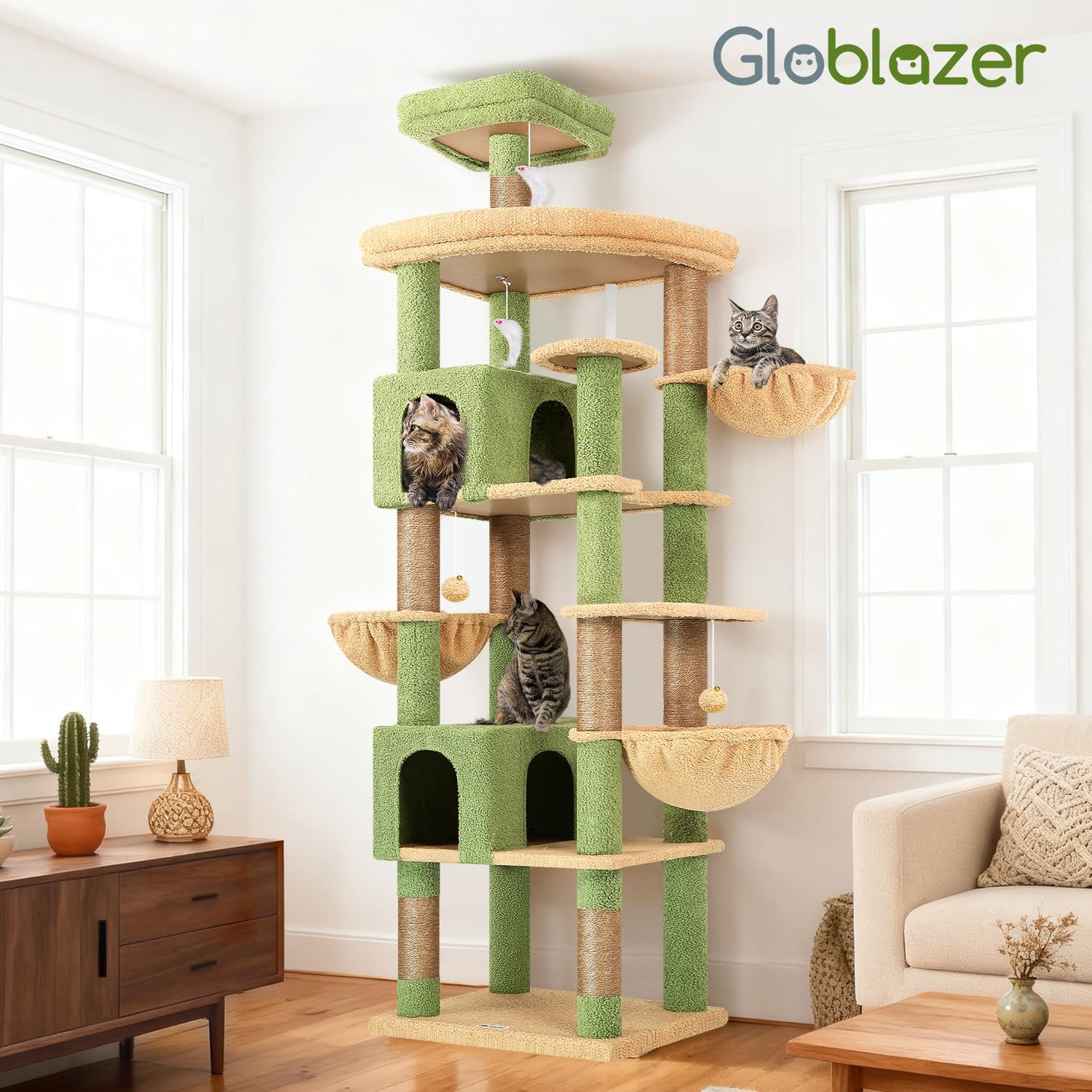 Globlazer Drapak do drapaka, zielony, XXL, 209 cm wysokości, z 2 domkami dla kotów, duża, wyściełana platforma 55 x 45 cm, 3 kosze, drążki do siedzenia, stabilne drzewko dla dużych kotów, do