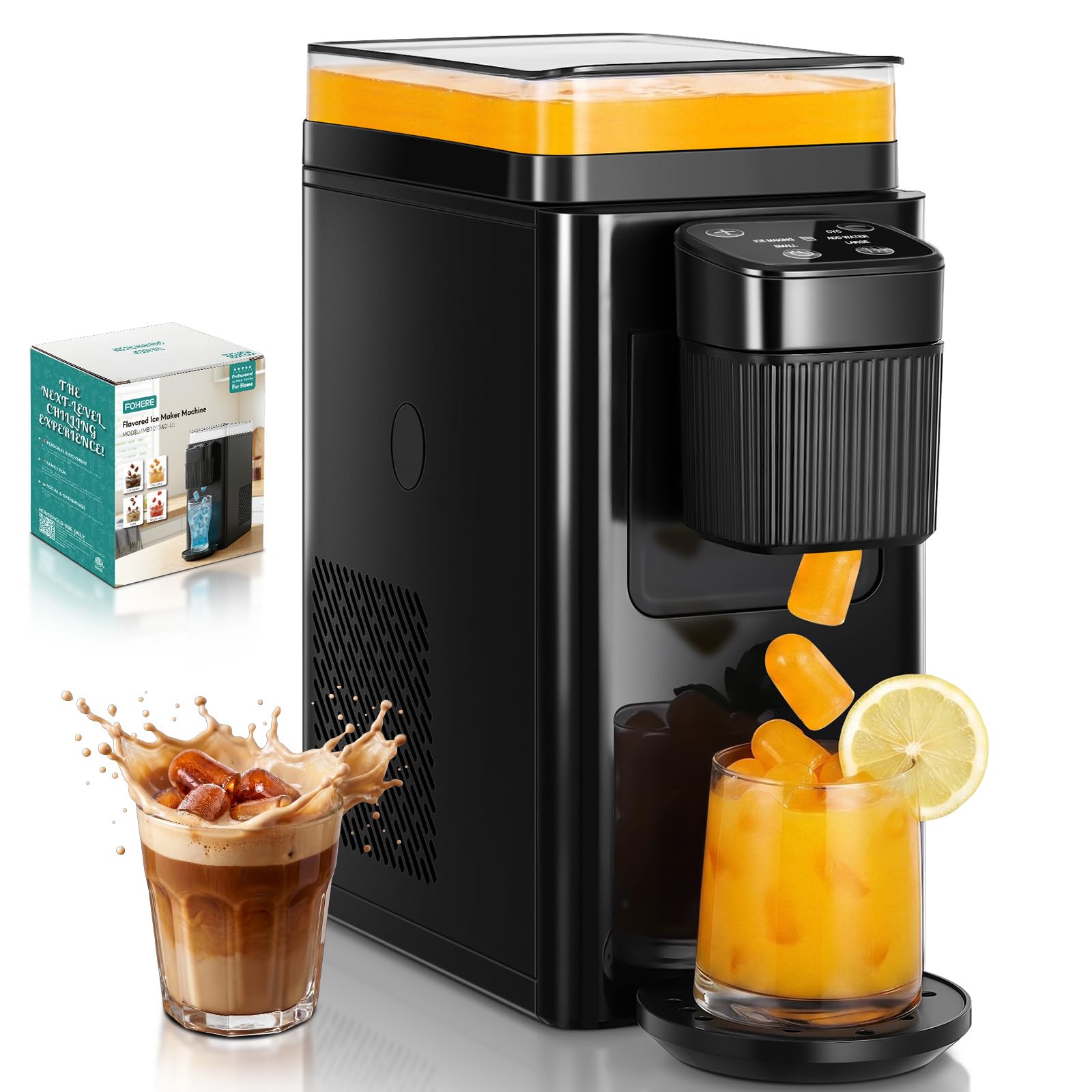 FOHERE Macchina del Ghiaccio Portatile 11kg/24h, Per Congelare Varie Bevande, 5 Minuti 5 Cubetti, 2 Dimensioni di Ghiaccio, con Casa/Cucina/Ufficio/Feste