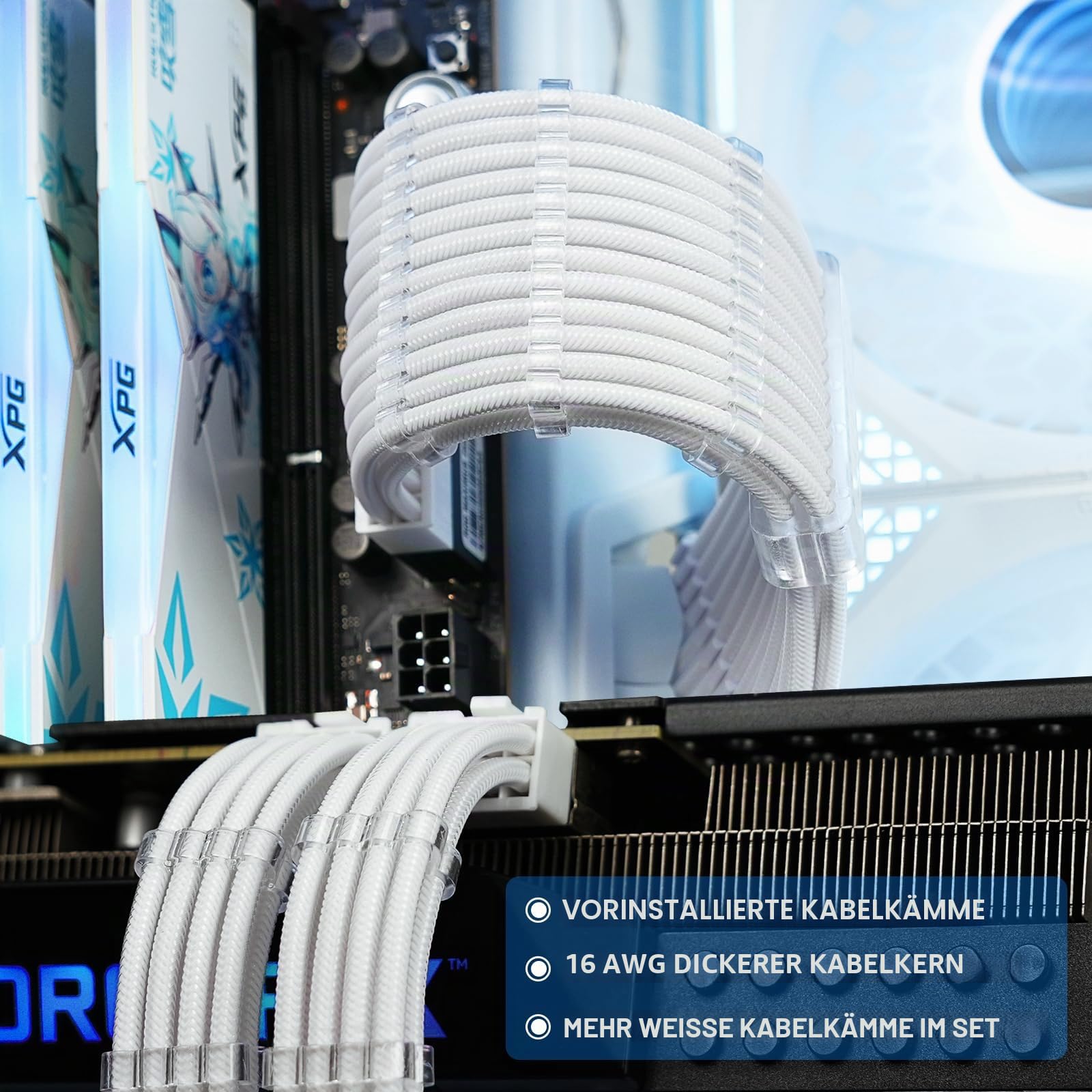 Sirlyr Perlweißes Netzteil-Verlängerungskabel-Set, maßgeschneidertes Netzteilkabel für PC Build 16AWG 24pin ATX / 8 (4+4) Pin EPS CPU-Kabel / 8 (6+2) Pin PCI-E GPU PSU Kabel 6 Stück mit Kabel