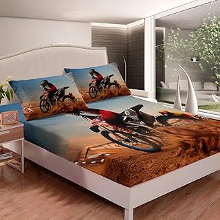 Extreme Sports Theme Bedding Set Motocross Rider Fitted Sheet for Kids Teens Men Motorcycle Pattern Bed Sheet Set Motorbike Decor Bed Cover 3Pcs Full Size