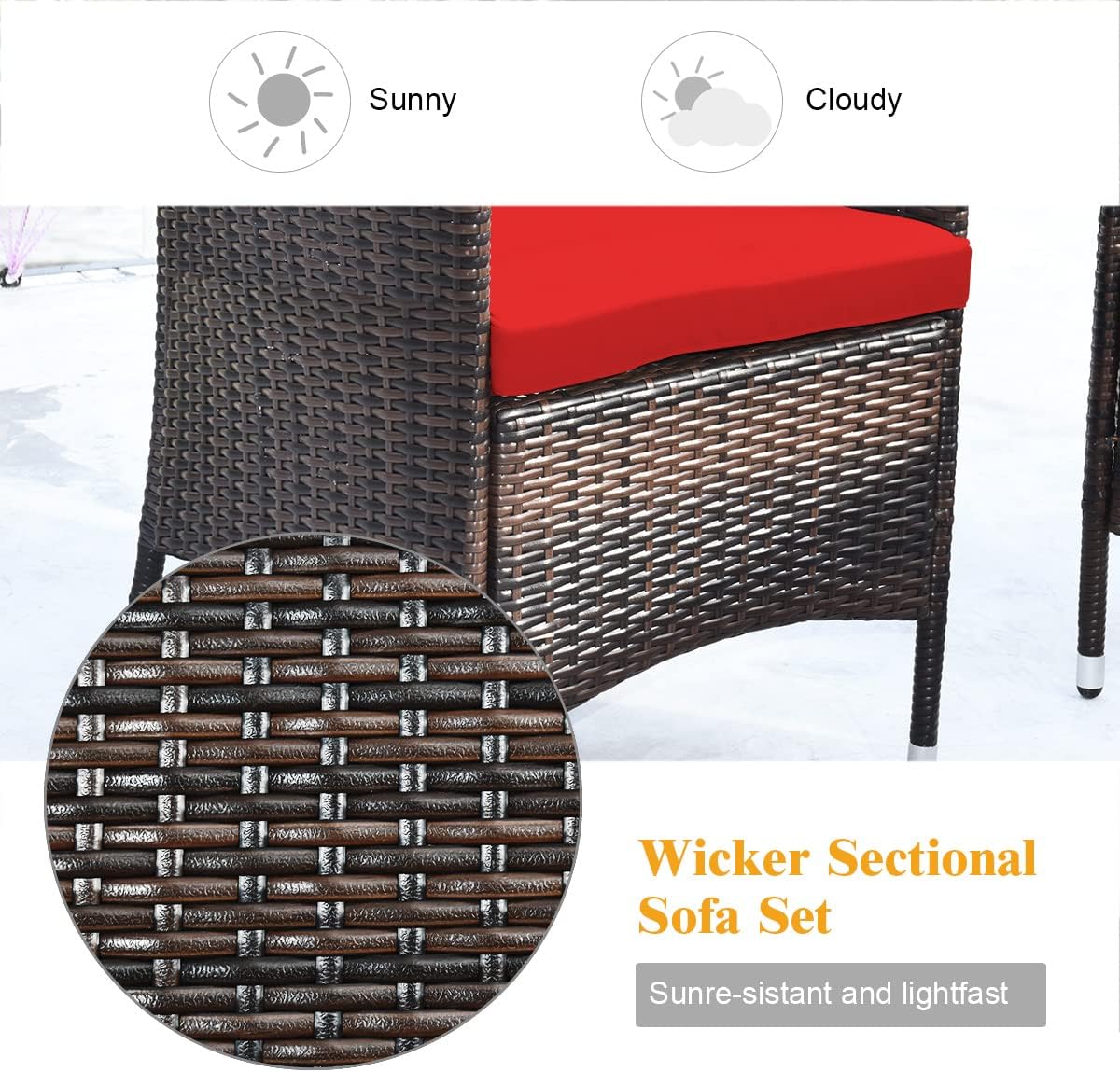 4 Pieces Patio Sofa Set, Wicker Conversation Set with Ergonomic Curved Backrest, Patio Rattan Furniture Set with Water-Resistant Cushion & Tempered Glass Table for Balcony, Porch (Red)