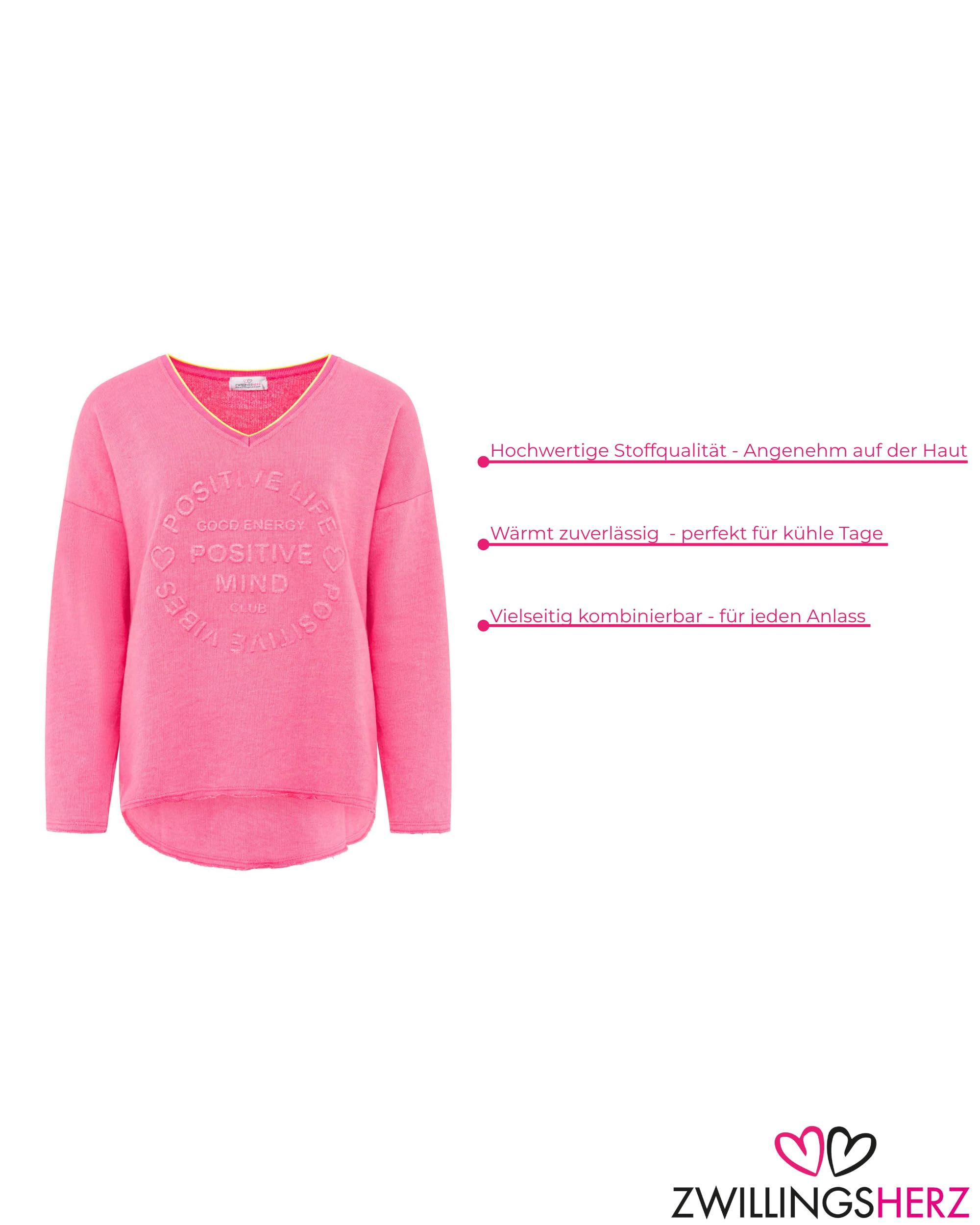 Zwillingsherz Damen Sweatshirt mit Schriftzug – Oversize Pullover aus Baumwolle – Langarmshirt mit V-Ausschnitt – Bequemes Freizeit Oberteil mit positiver Botschaft – Casual Look für Alltag