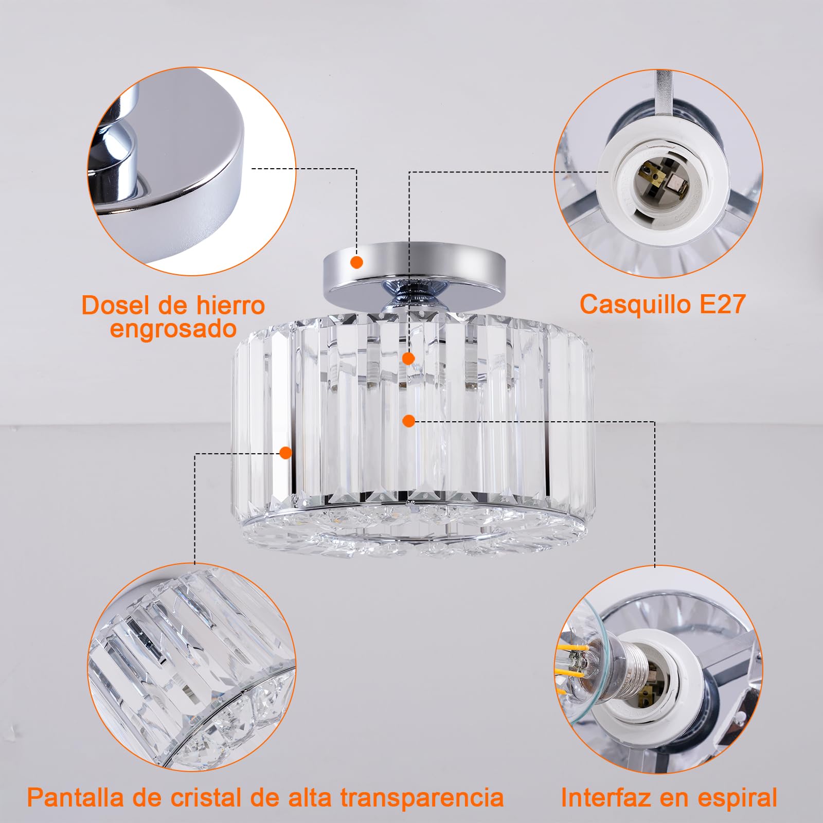 Lámpara de Techo de Cristal Moderna, Luz de Techo Plata, E27 Lámpara de Araña con Pantalla de Cristal para Pasillo Entrada Cocina Dormitorio Sala de Estar