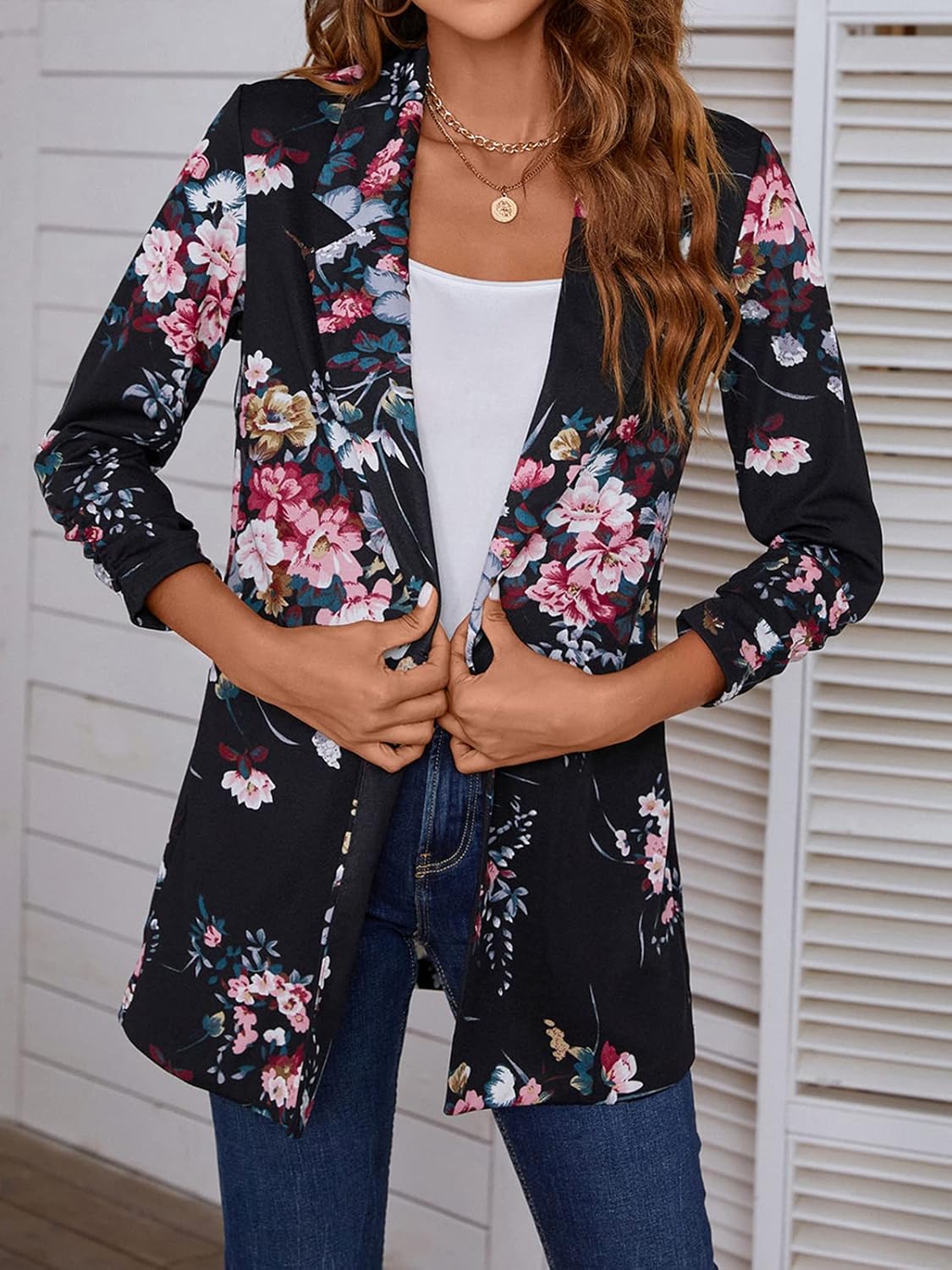 Women's Long Blazer Jackets Button Front Lapel Ruched 3/4 Sleeve Business Casual Office Work Lightweight Blazers - Image 5