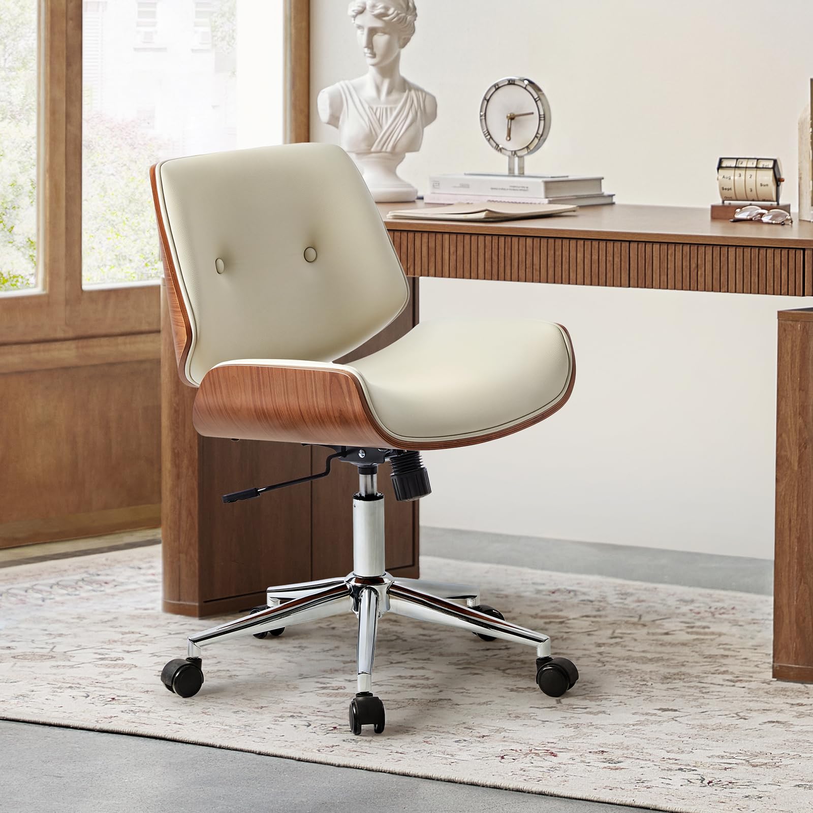 HULALA HOME Ergonomic Faux Leather Office Chair with Bentwood Frame, Ivory