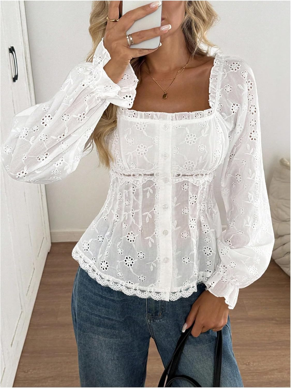WDIRARA Women's Eyelet Ruffle Lace Trim Dressy Casual Blouse Button Front Long Sleeve Shirts