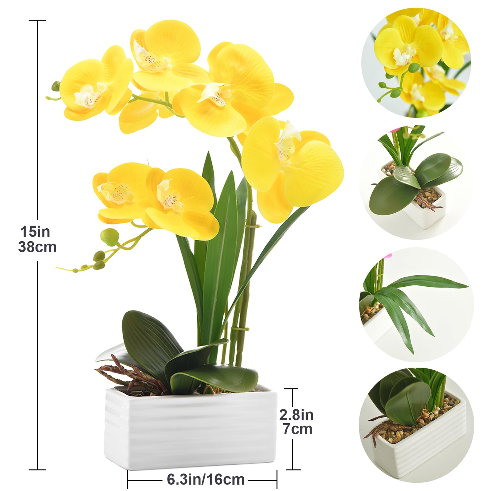 Orquídea artificial de tacto real en maceta, flor falaenopsis falsa con jarrón de cerámica blanca, arreglo de orquídeas sintéticas para el hogar, mesa, oficina, boda, decoración de fiesta