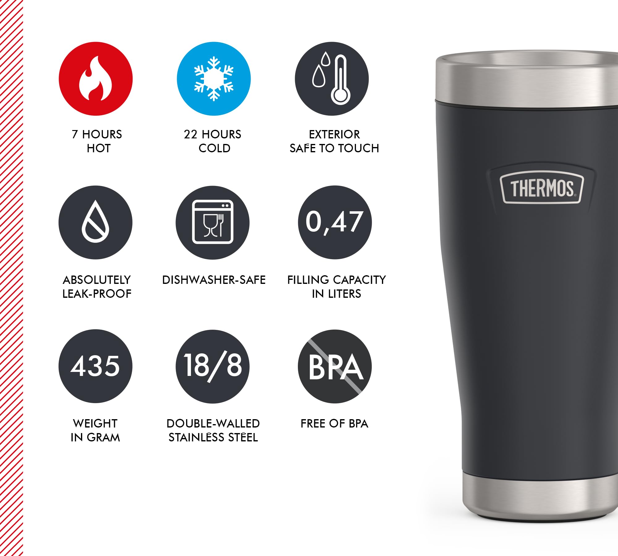 Thermos ICON MUG 0,47 l, gris oscuro/grafito mate, taza térmica de 470 ml, taza de café para llevar, de acero inoxidable, vaso térmico, 7 horas de calor/22 h frío, apto para lavavajillas, | Taza térmica de acero inoxidable a prueba de fugas, 22 horas, apt