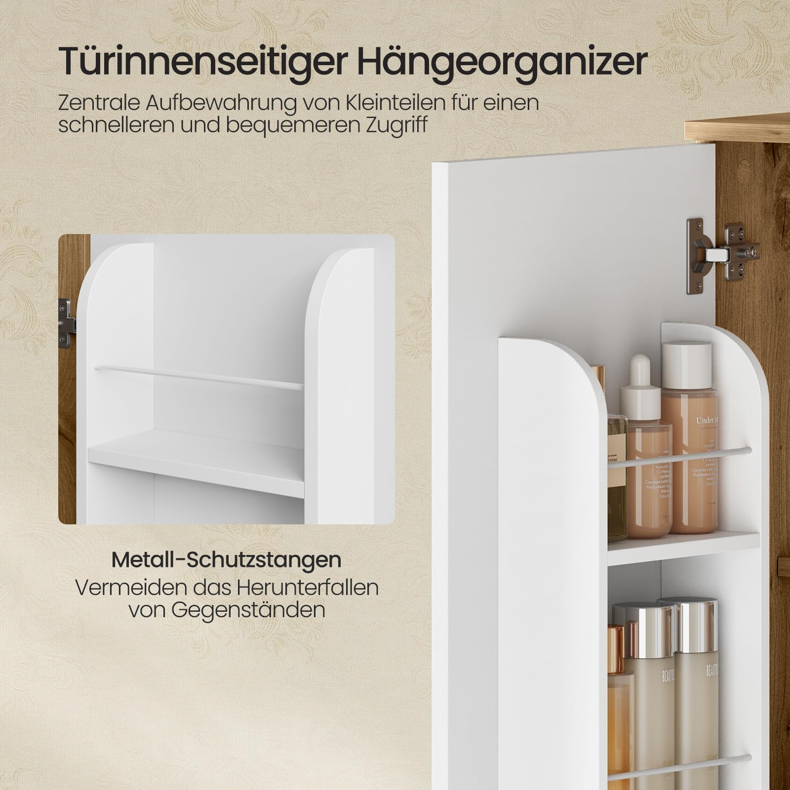 EUGAD Badmöbel Komplettset, 176.5 cm, Weiß + Braune Holzoptik, Badezimmermöbel-Set mit Waschbeckenunterschrank, und 2 Badezimmerschränke